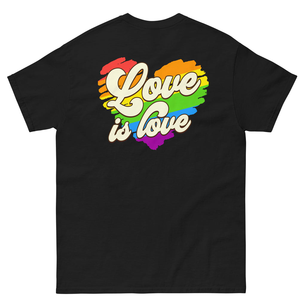Love Is Love rainbow heart tee, flat lay — Rose Gold Co