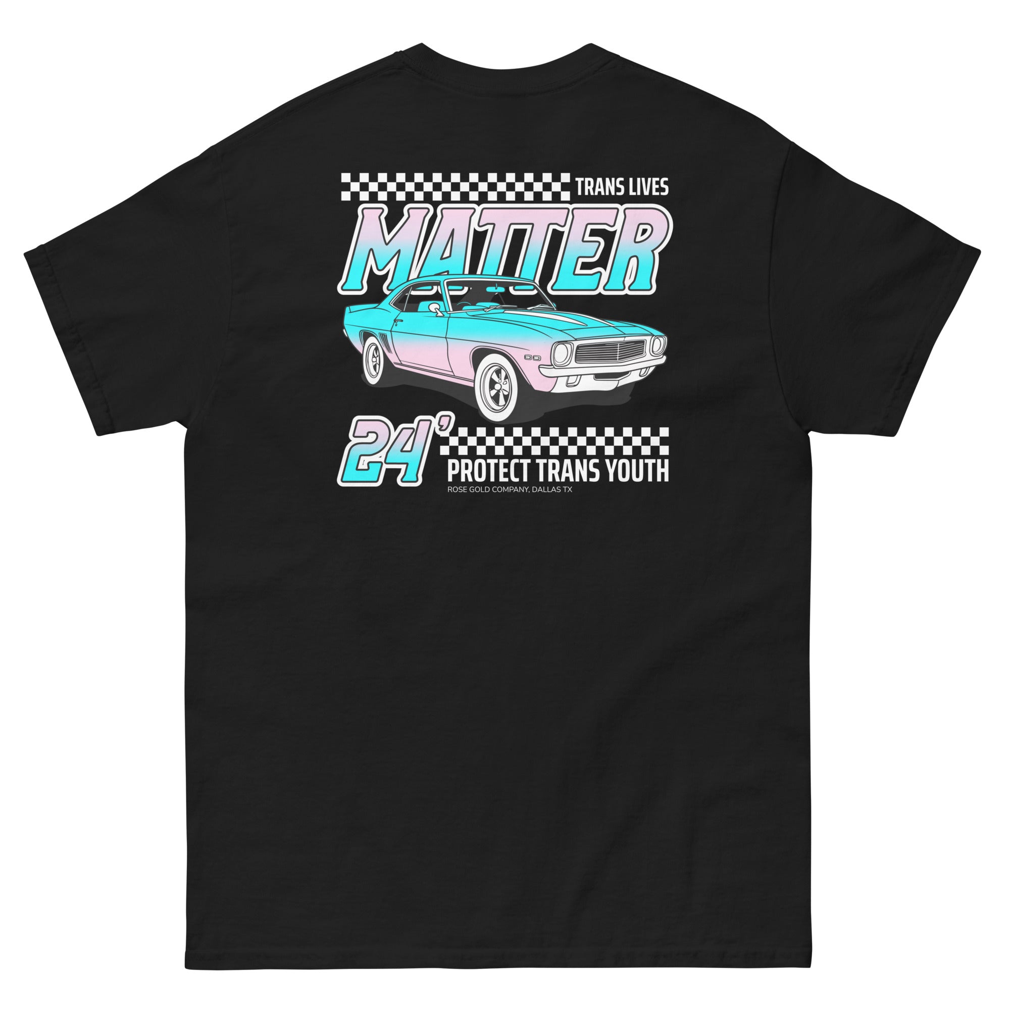"Trans Lives Matter" racing style tee, view 9 — Rose Gold Co