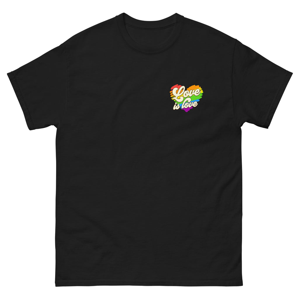 Love Is Love rainbow heart tee, detail view — Rose Gold Co