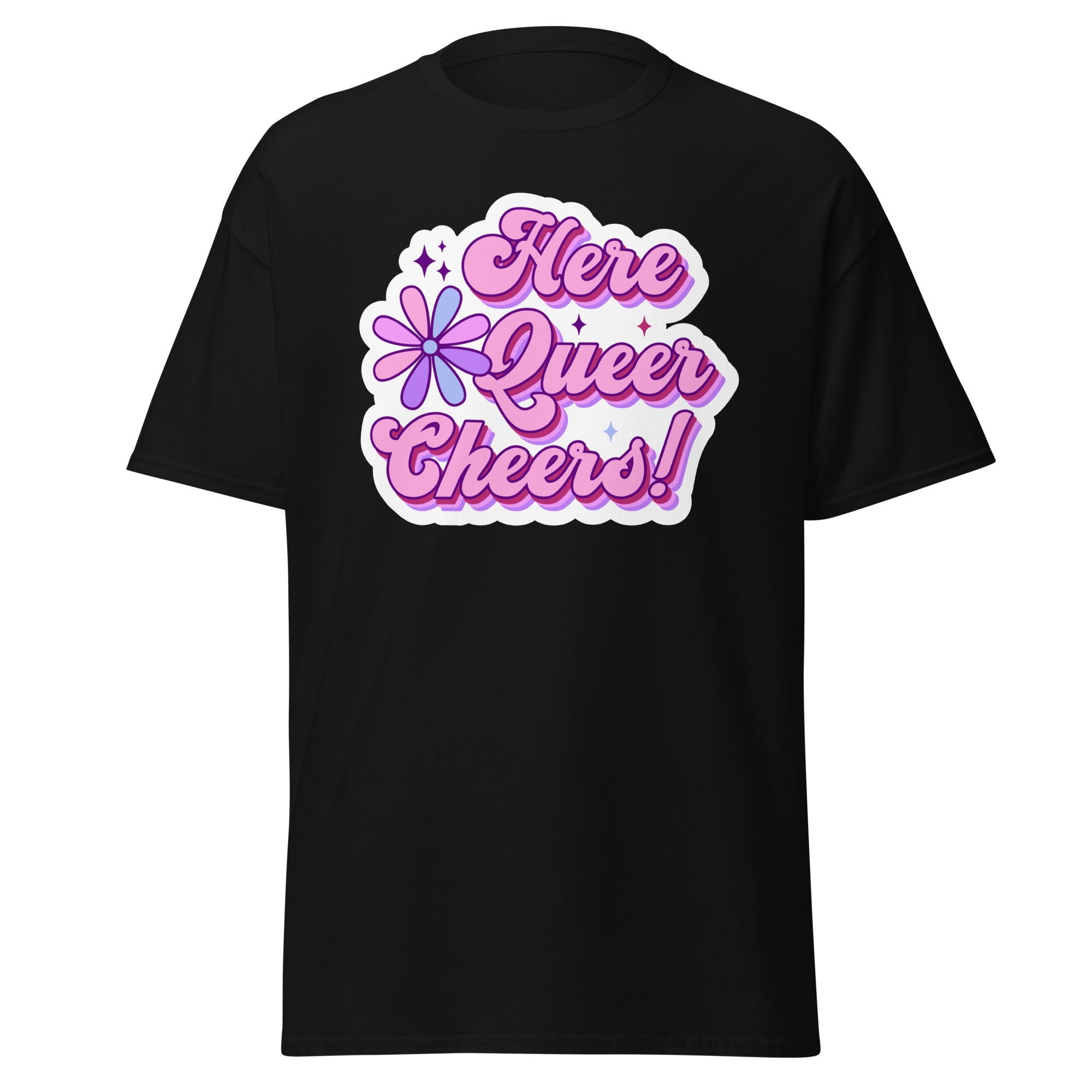Here Queer Cheers tee, front view — Rose Gold Co