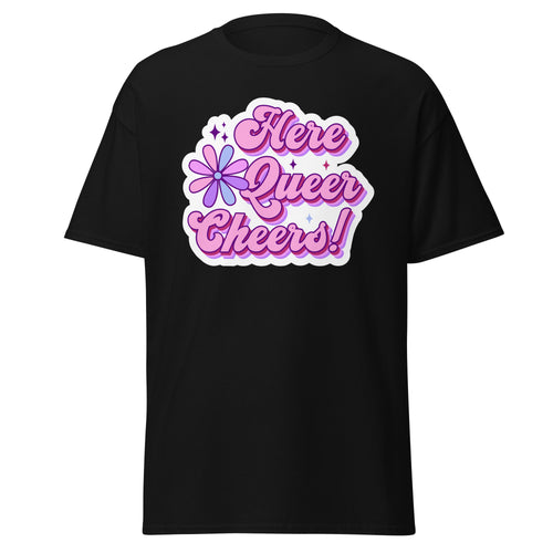 Here Queer Cheers tee, front view — Rose Gold Co