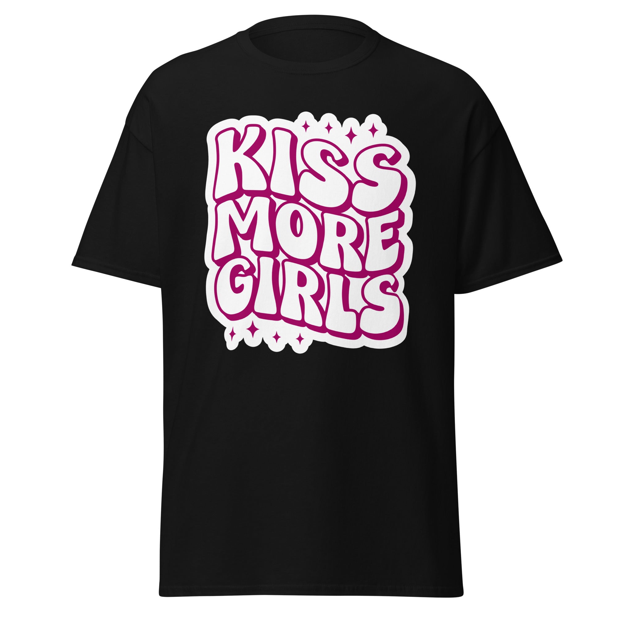 Kiss More Girls bold text tee, front view — Rose Gold Co