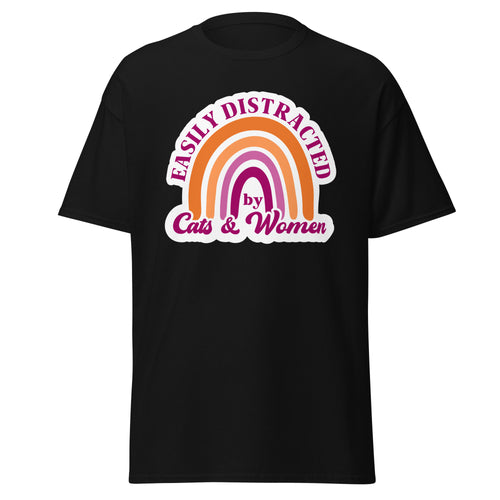 Easily Distracted by Cats and Women text tee, back view — Rose Gold Co
