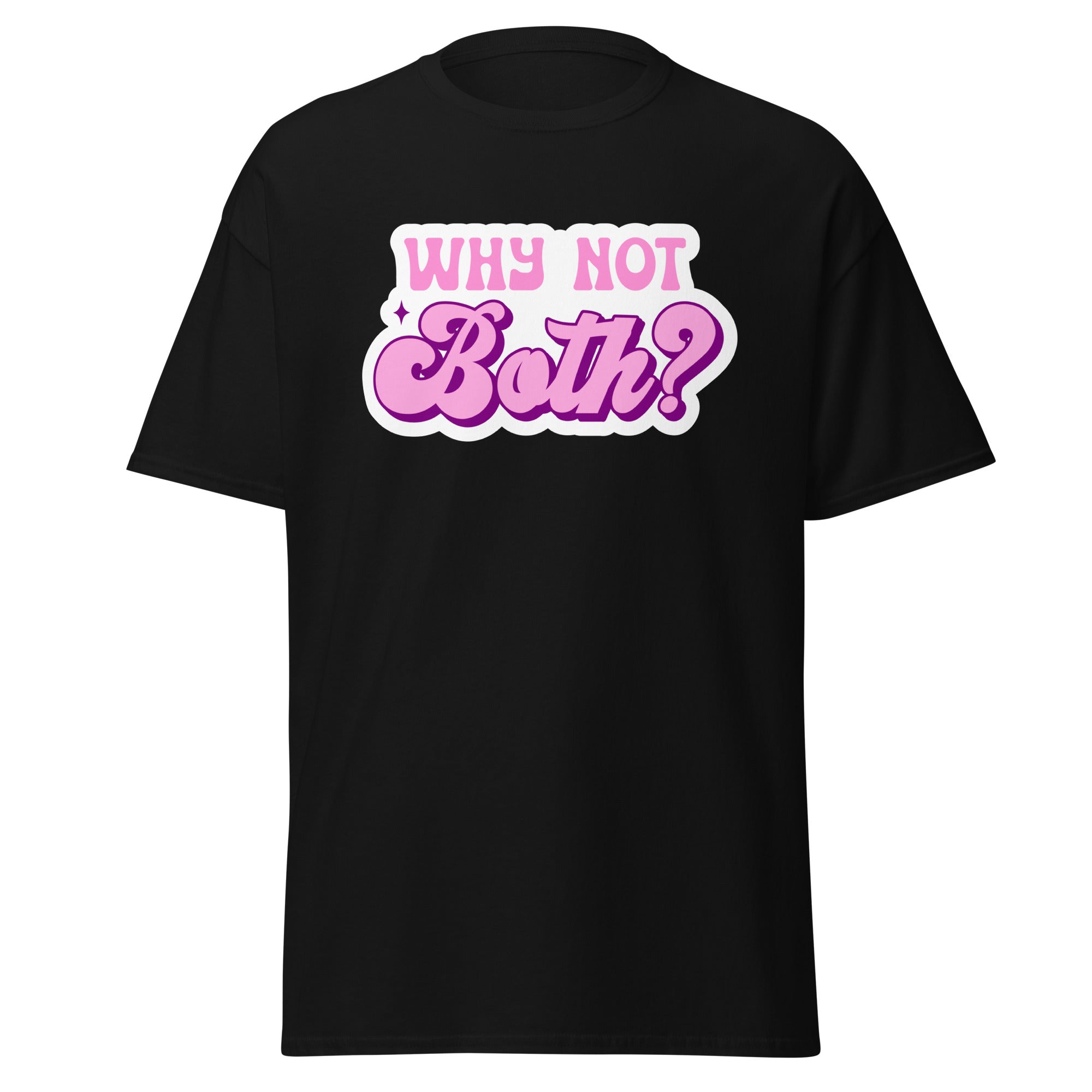 Why Not Both bi pride tee, front view — Rose Gold Co