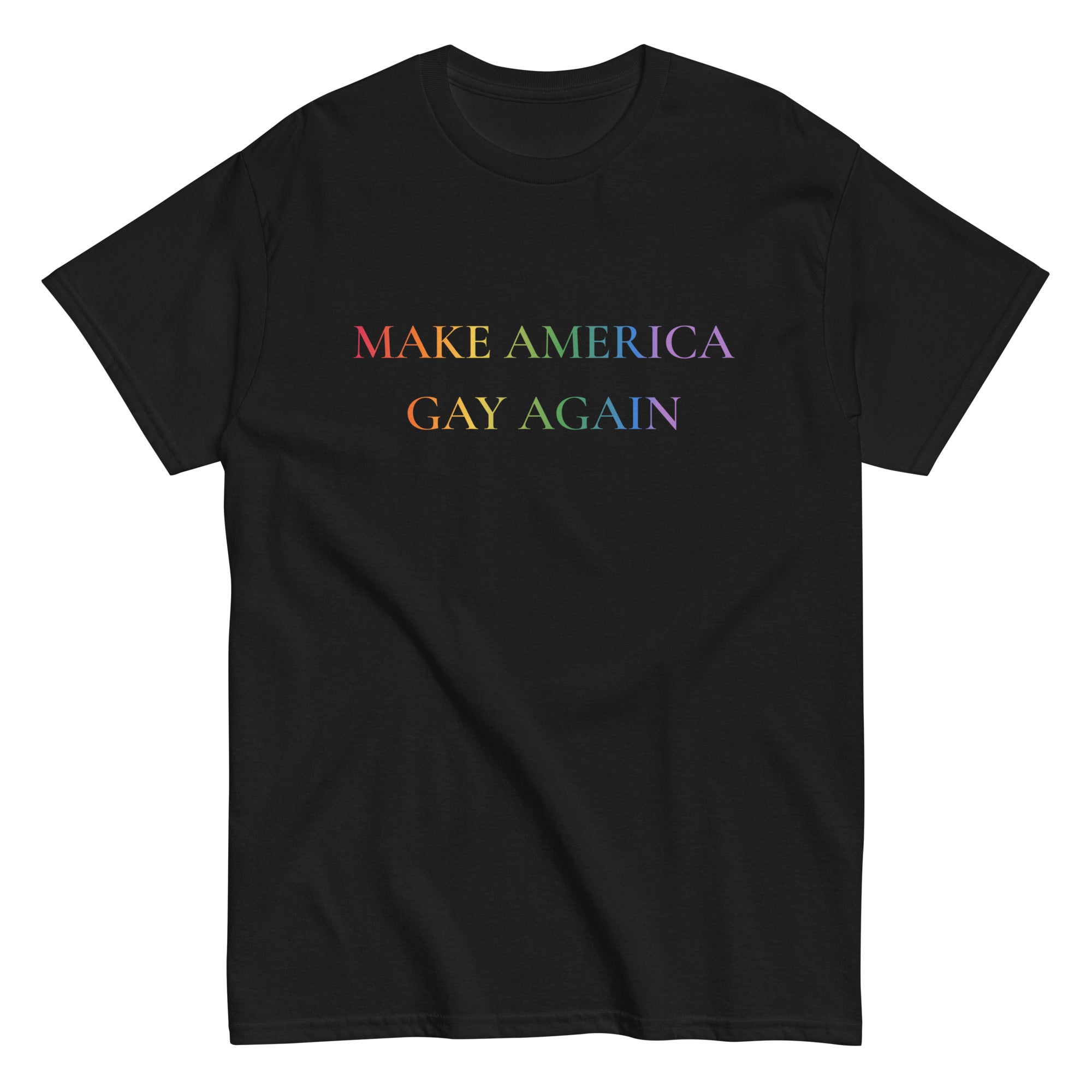 "Make America Gay Again" rainbow slogan tee, view 4 — Rose Gold Co