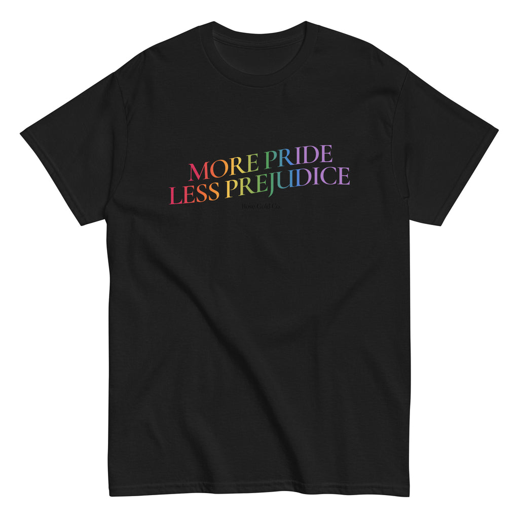 "More Pride, Less Prejudice" rainbow pride tee, view 6 — Rose Gold Co