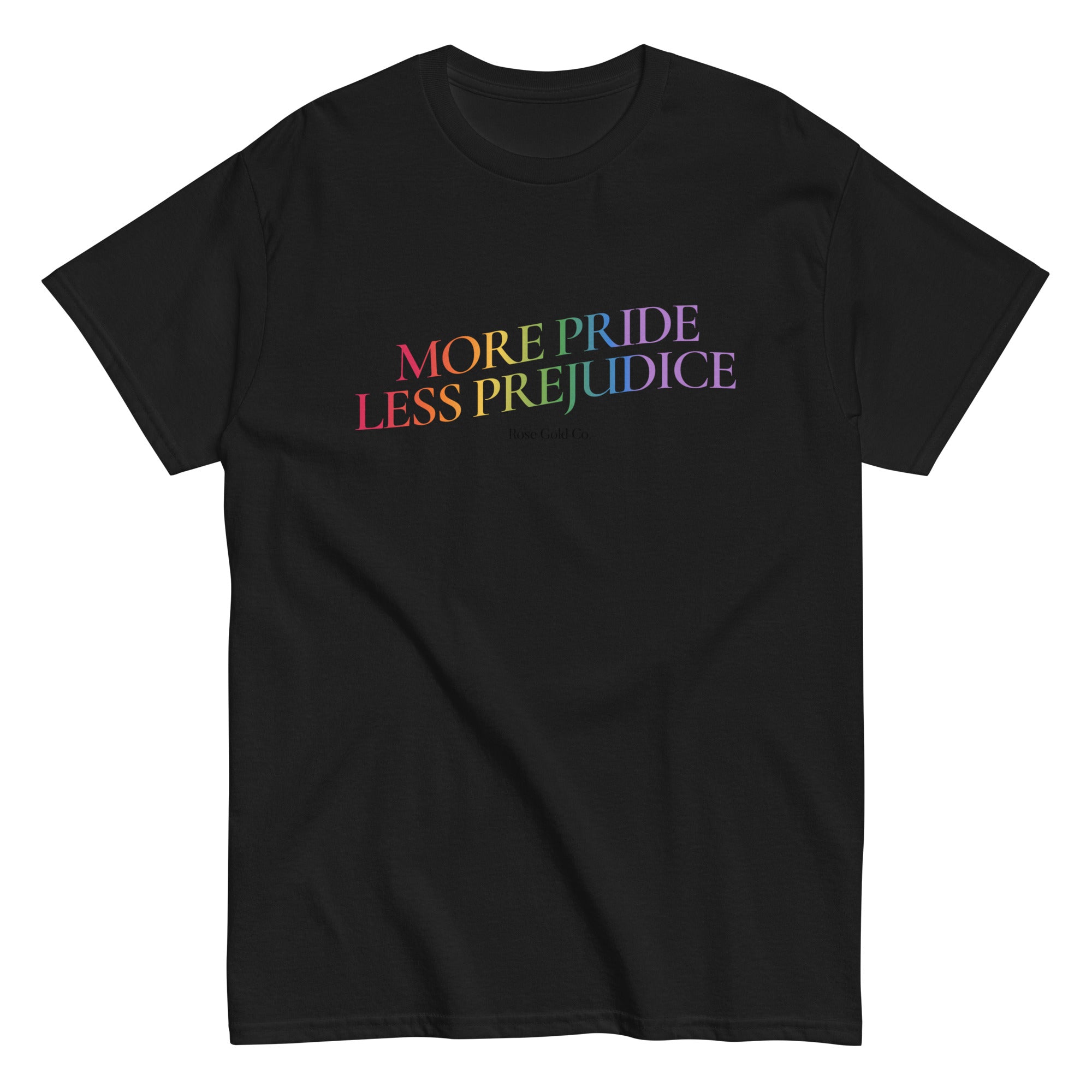 "More Pride, Less Prejudice" rainbow pride tee, view 6 — Rose Gold Co