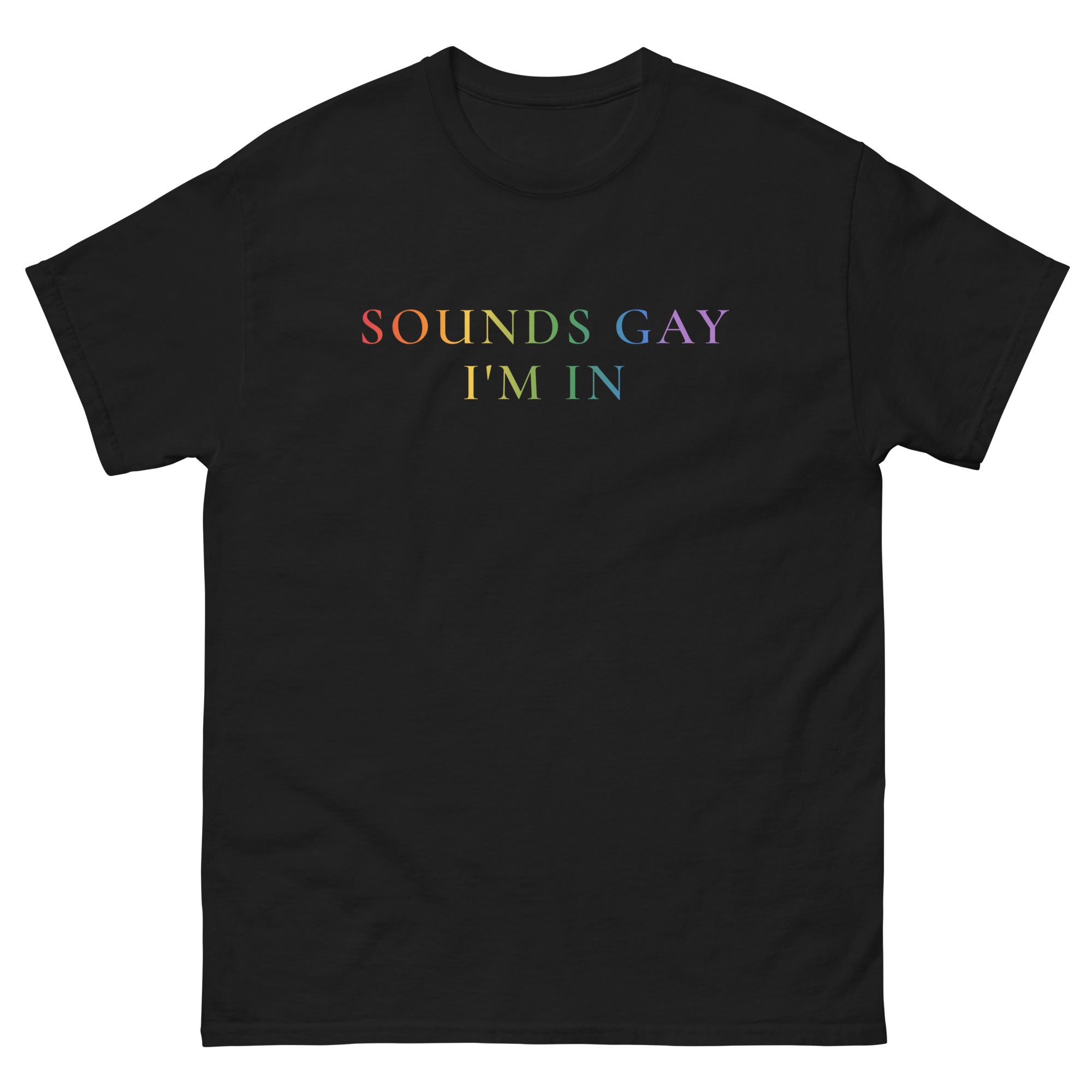 "Sounds Gay, I'm In" rainbow font tee, view 4 — Rose Gold Co