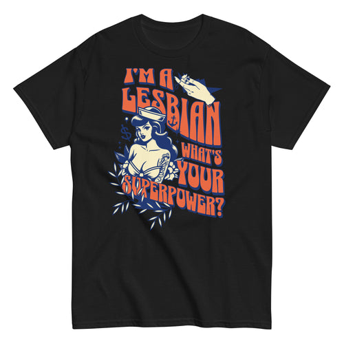 "Lesbian Superpower" retro rainbow tee, view 2 — Rose Gold Co