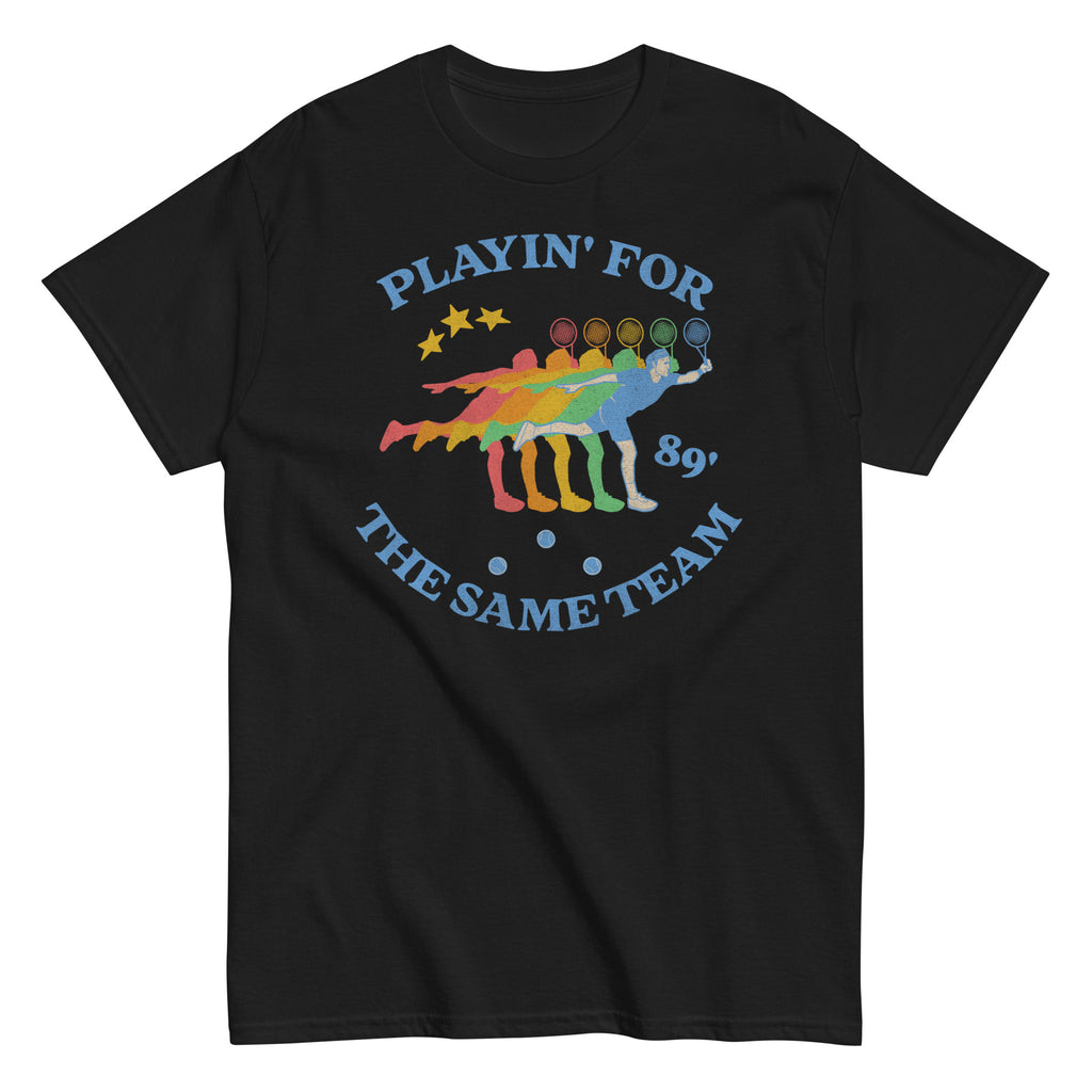 "Playin' for the Same Team" queer pride tee, view 4 — Rose Gold Co