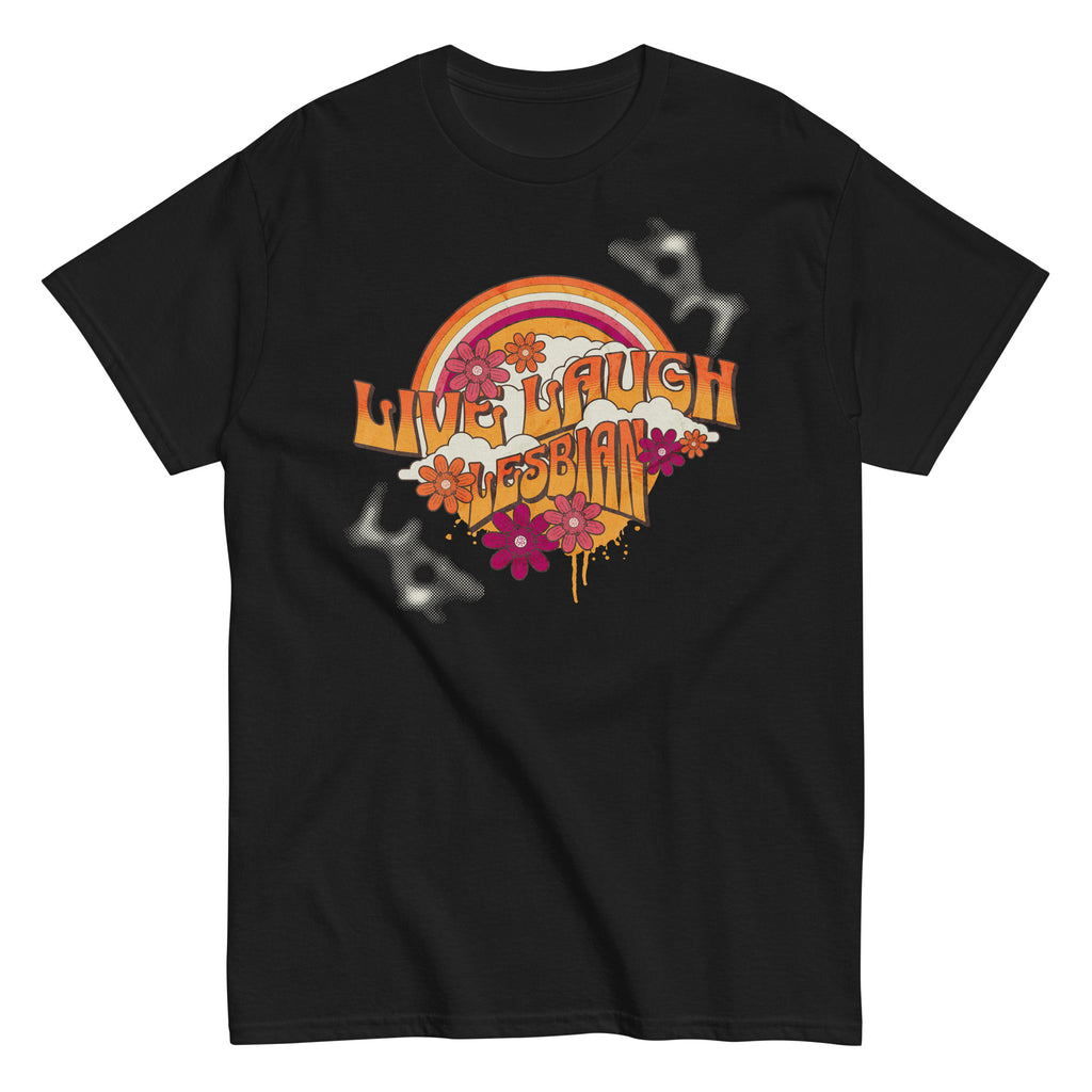 "Live, Laugh, Lesbian" retro rainbow tee, view 4 — Rose Gold Co
