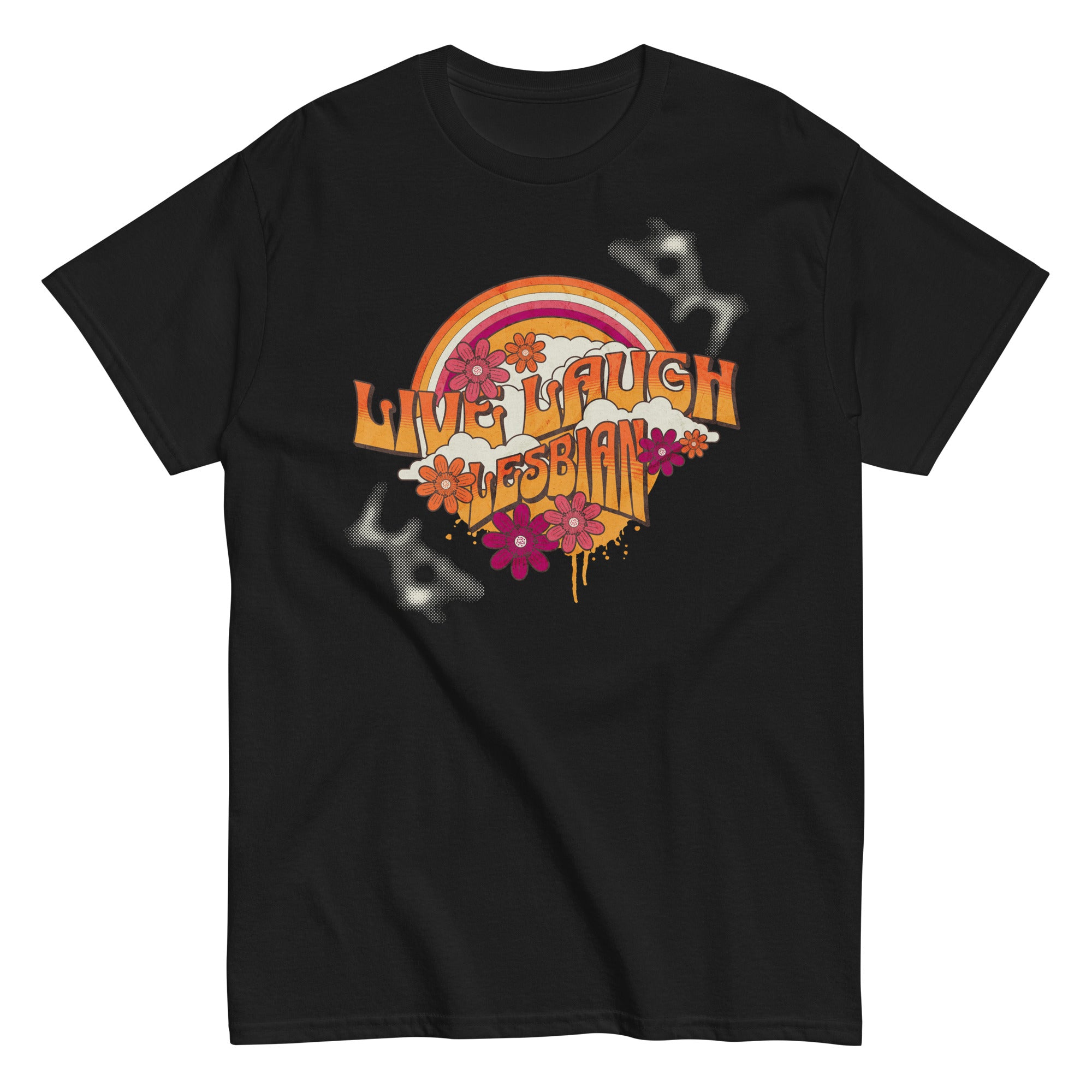 "Live, Laugh, Lesbian" retro rainbow tee, view 4 — Rose Gold Co