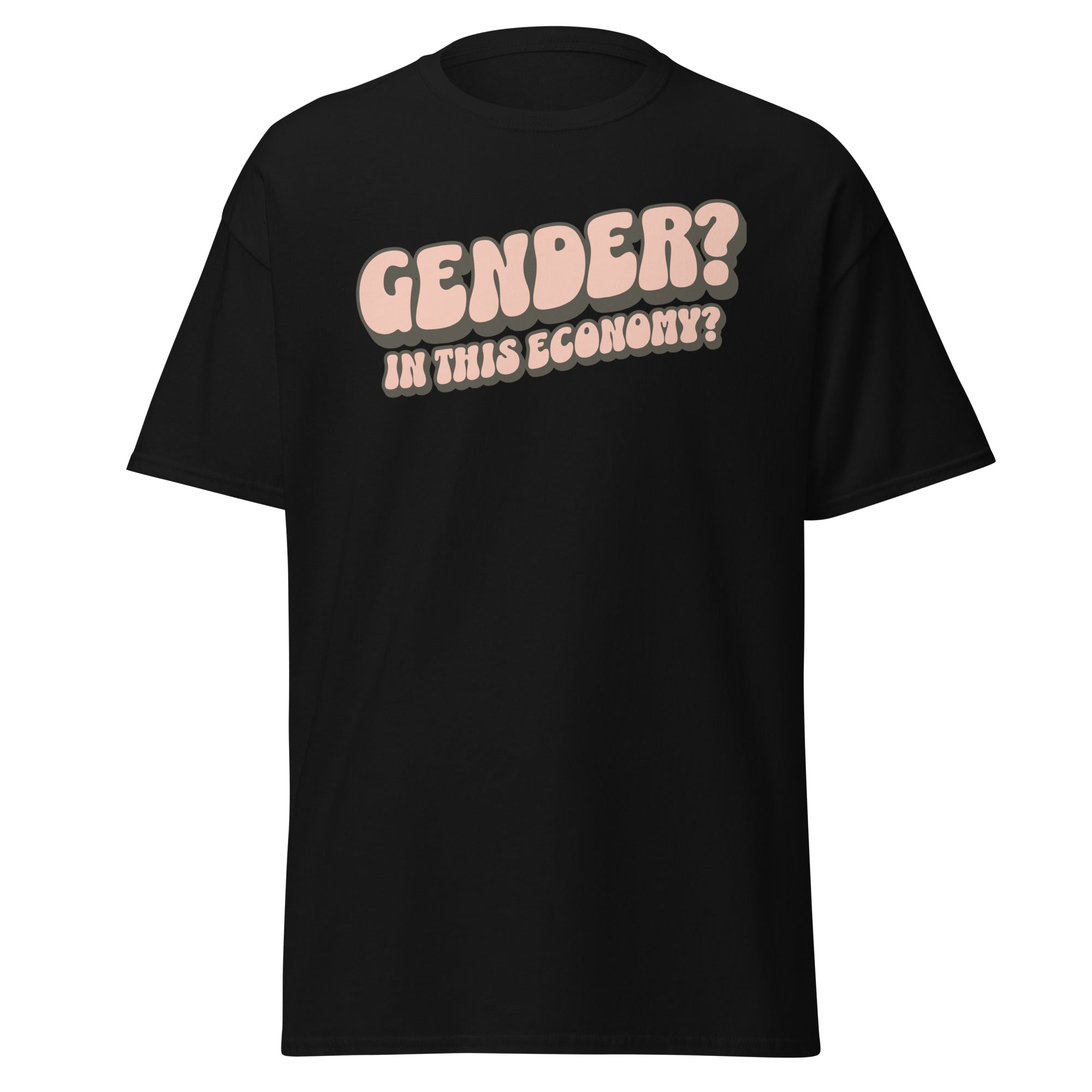 "Gender? In This Economy?" nonbinary humor tee, view 3 — Rose Gold Co