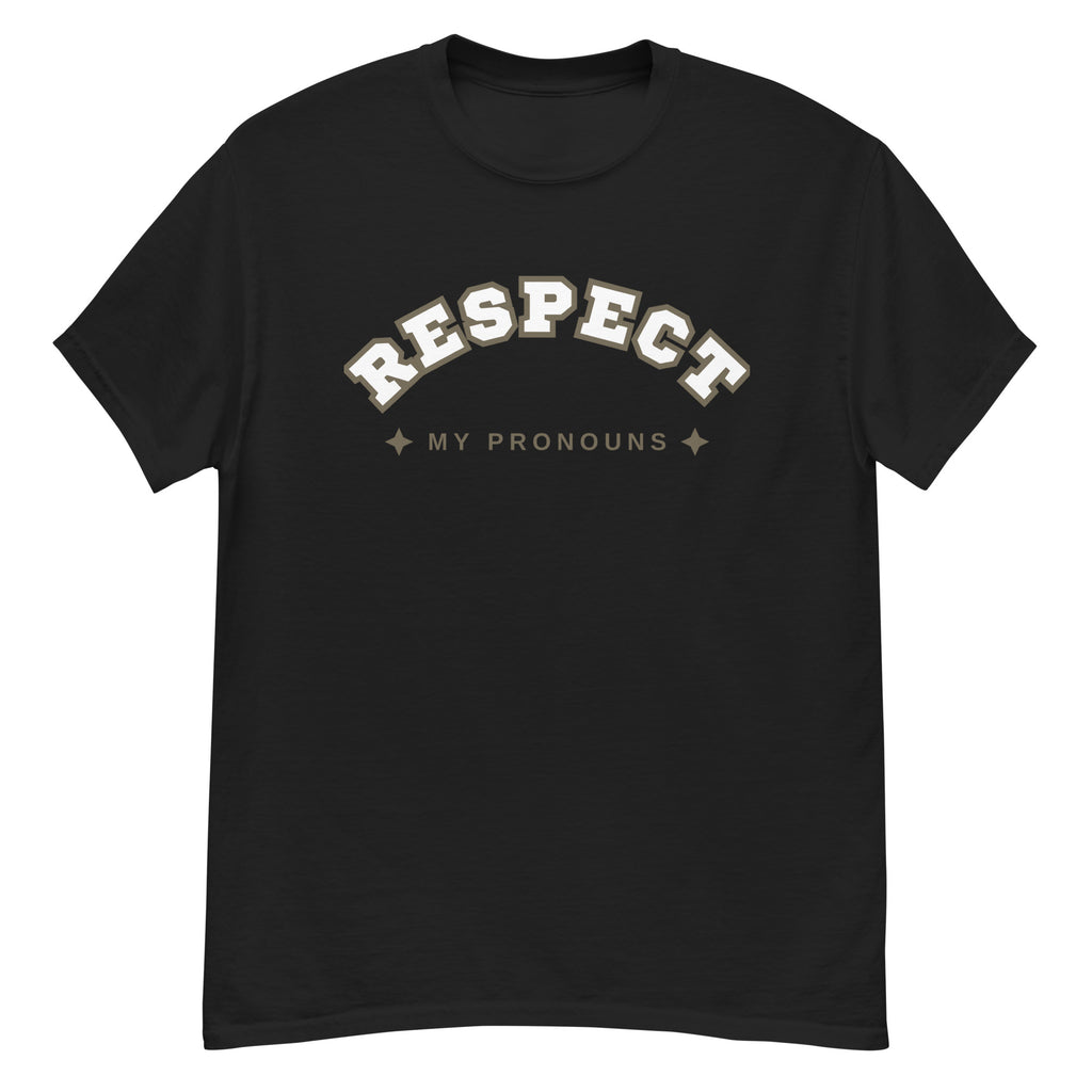 "Respect My Pronouns" trans pride tee, view 3 — Rose Gold Co