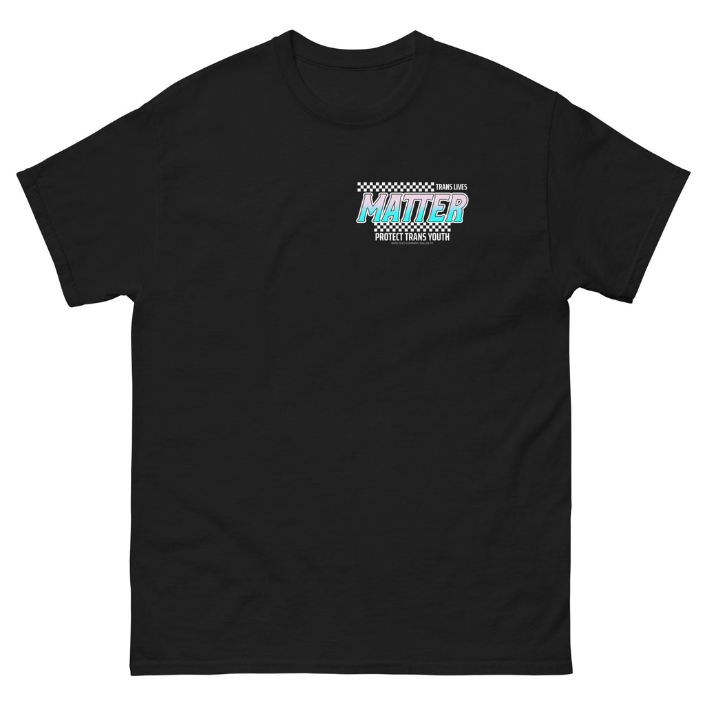 "Trans Lives Matter" racing style tee, view 8 — Rose Gold Co