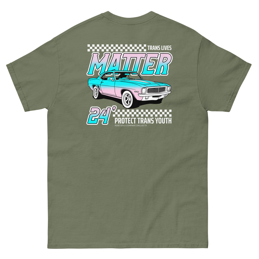 "Trans Lives Matter" racing style tee, view 11 — Rose Gold Co