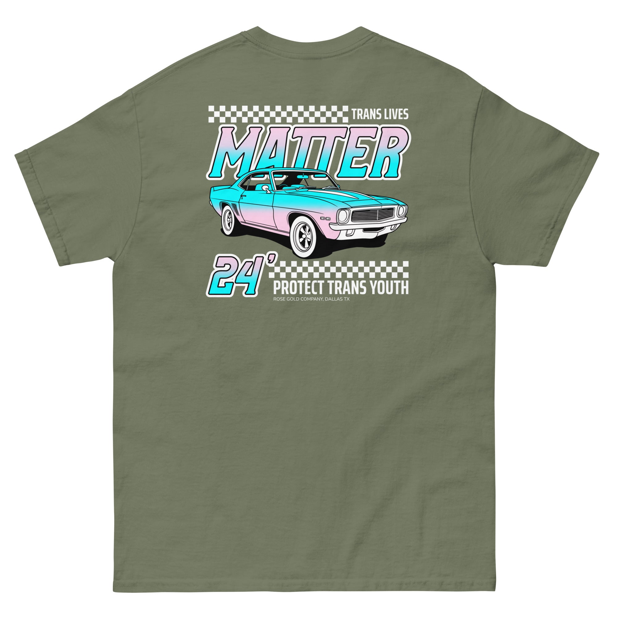 "Trans Lives Matter" racing style tee, view 11 — Rose Gold Co