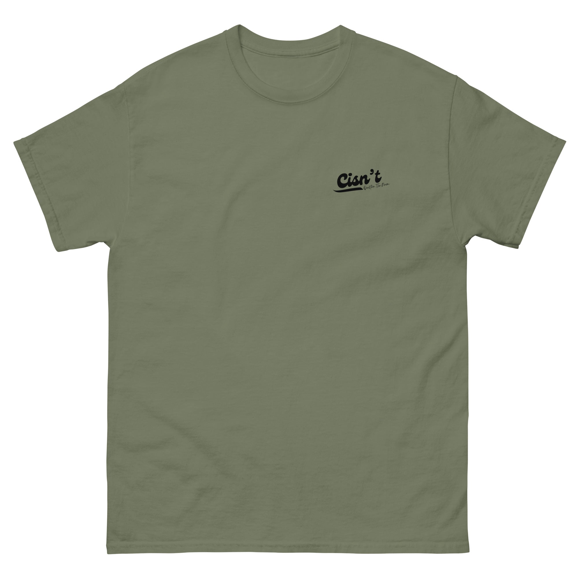 Cisn't Question the Norm premium tee, flat lay — Rose Gold Co