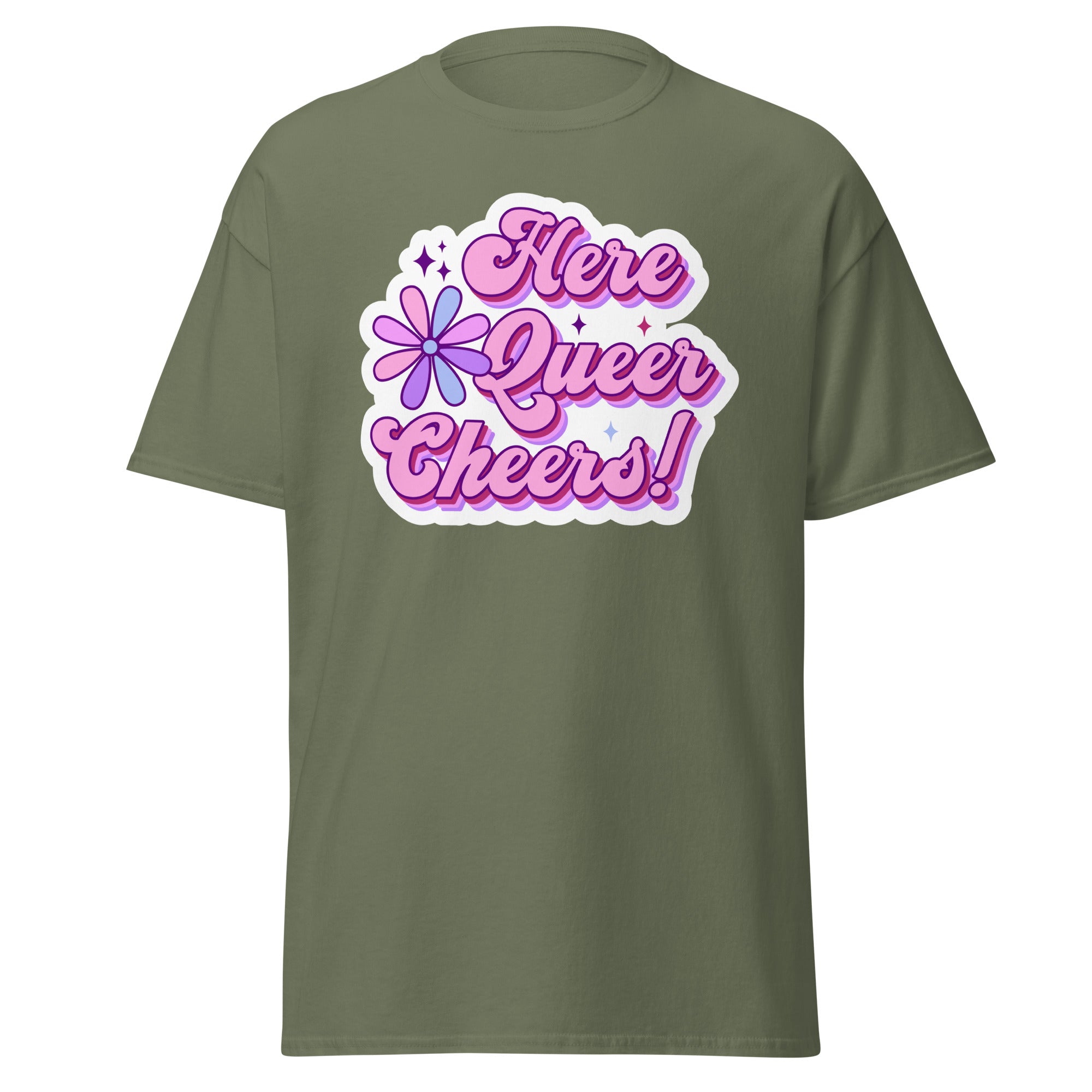 Here Queer Cheers tee, back view — Rose Gold Co