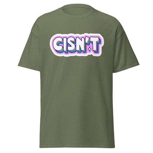 Cisn't trans pride tee, back view — Rose Gold Co
