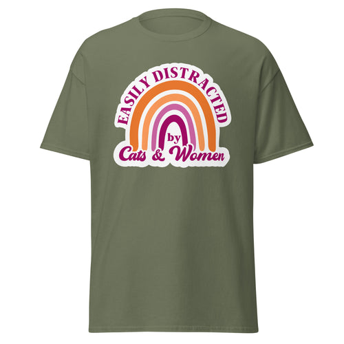 Easily Distracted by Cats and Women text tee, front view — Rose Gold Co