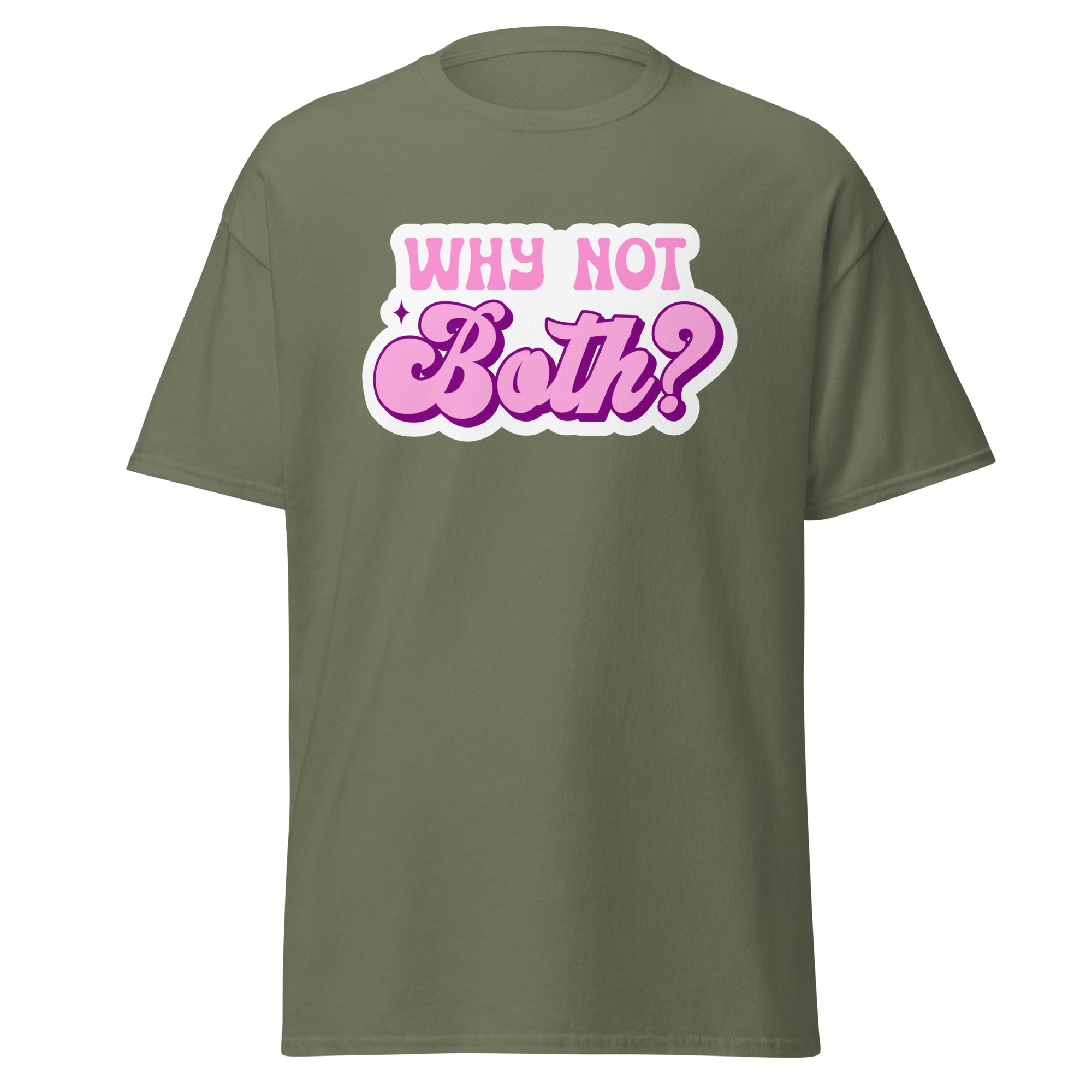 Why Not Both bi pride tee, back view — Rose Gold Co