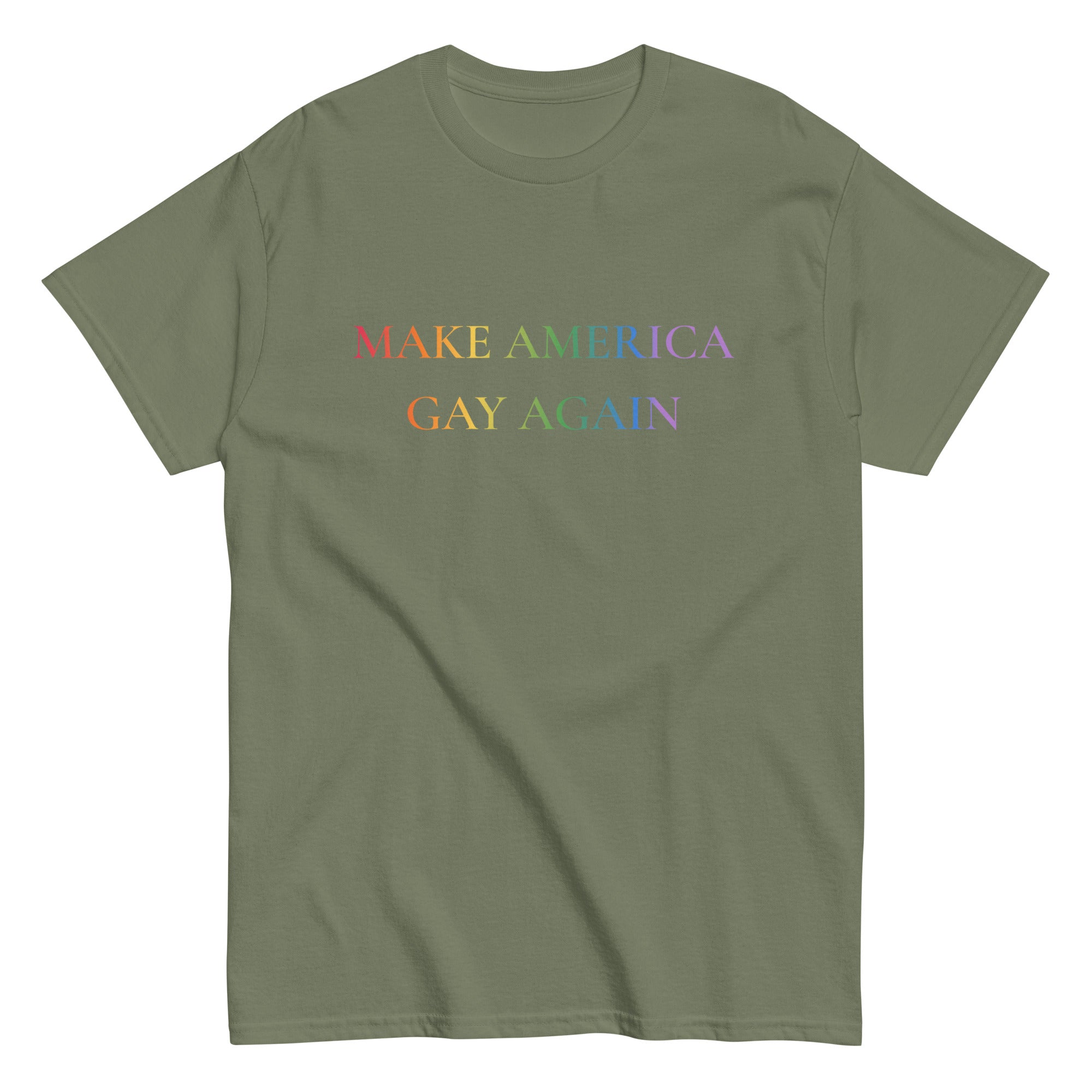 "Make America Gay Again" rainbow slogan tee, view 6 — Rose Gold Co