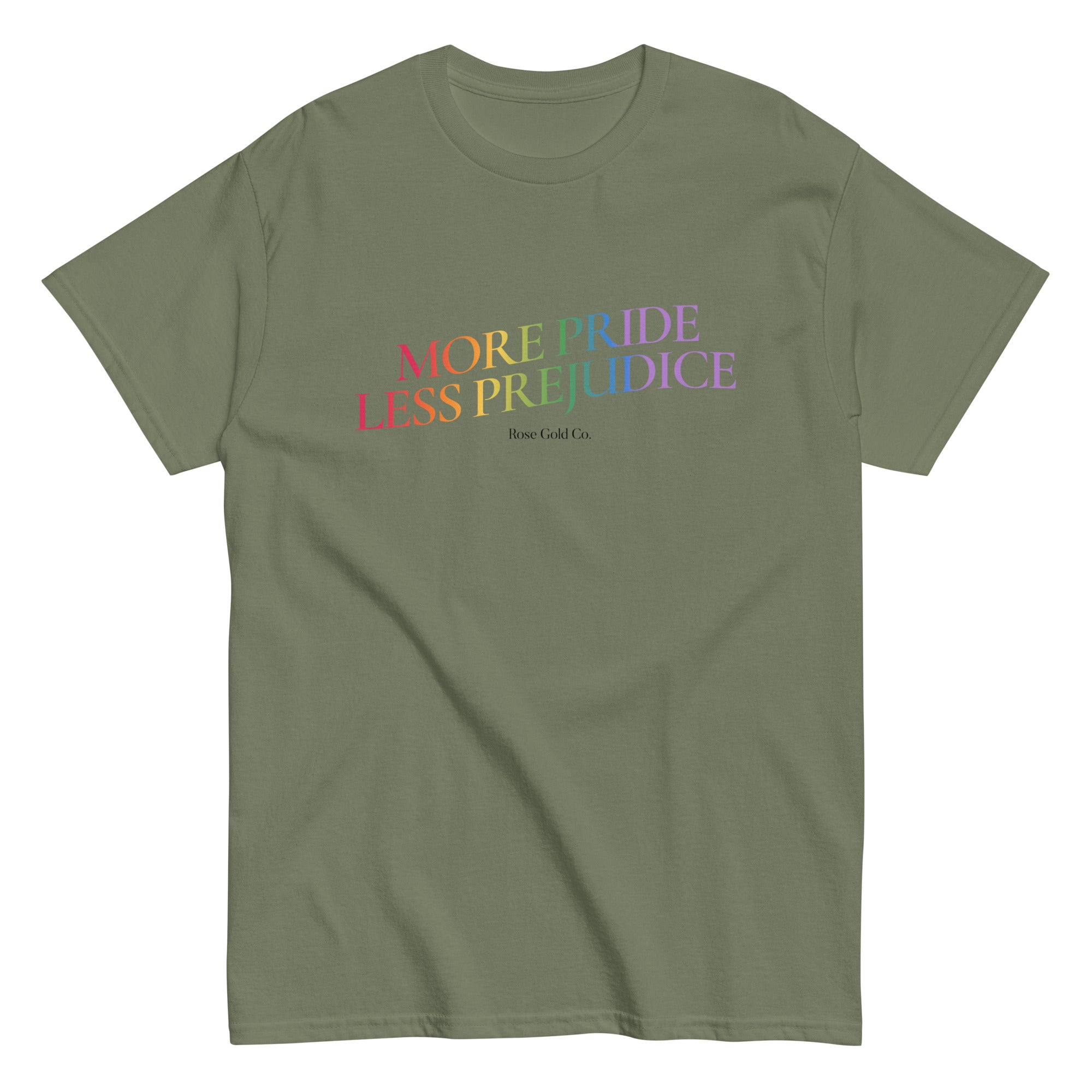 "More Pride, Less Prejudice" rainbow pride tee, view 7 — Rose Gold Co
