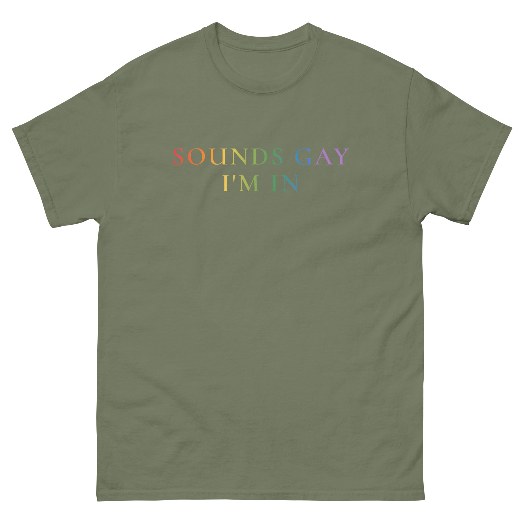 "Sounds Gay, I'm In" rainbow font tee, view 5 — Rose Gold Co