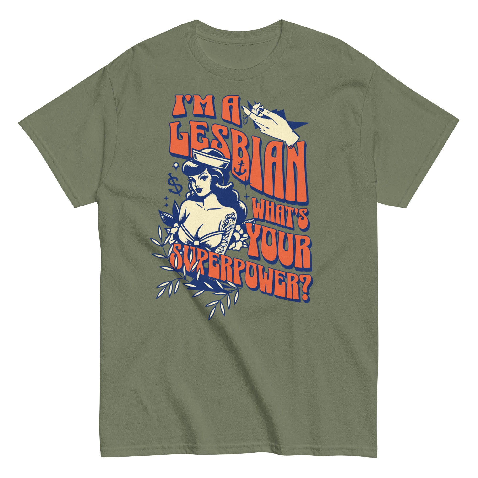 "Lesbian Superpower" retro rainbow tee, view 3 — Rose Gold Co