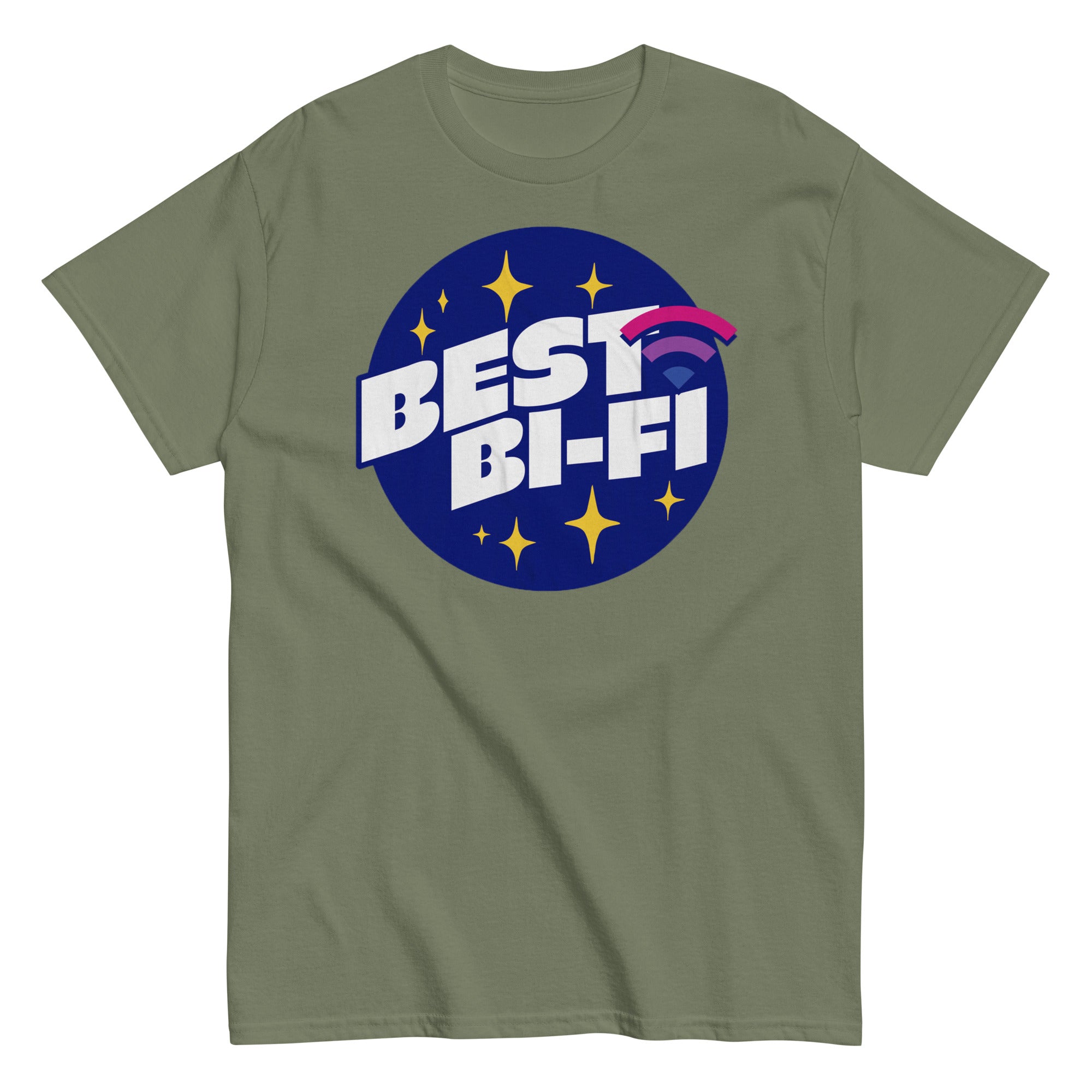 "Best Bi-Fi" bisexual pride pun tee, view 5 — Rose Gold Co
