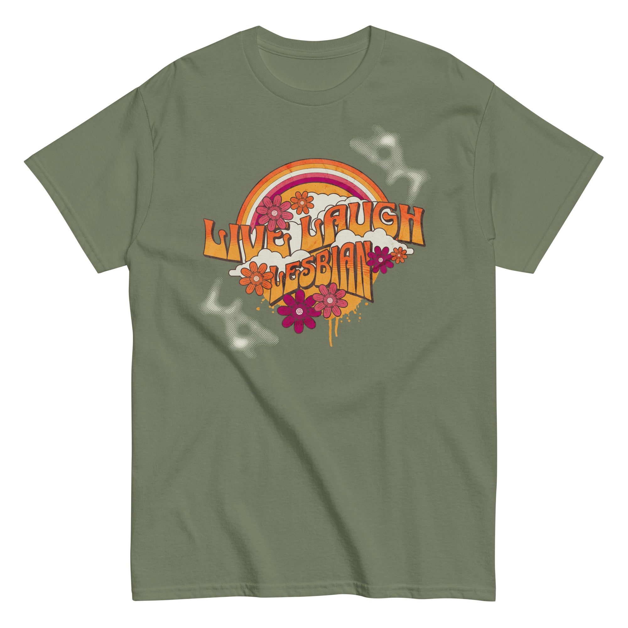 "Live, Laugh, Lesbian" retro rainbow tee, view 5 — Rose Gold Co