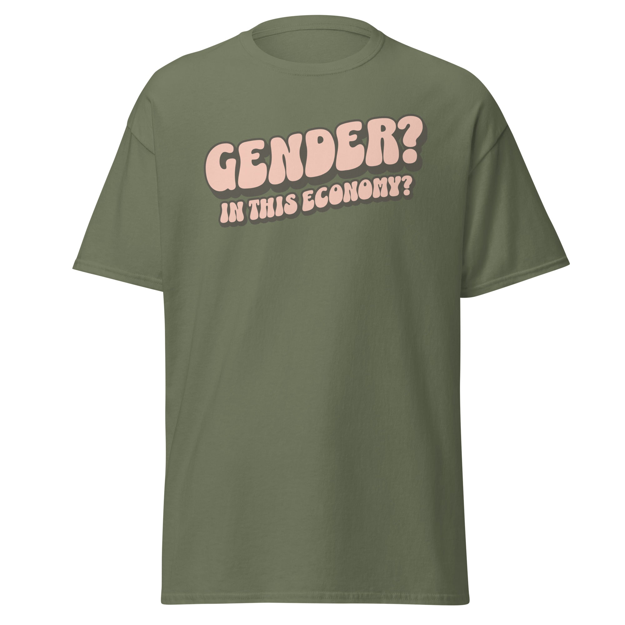 "Gender? In This Economy?" nonbinary humor tee, view 4 — Rose Gold Co