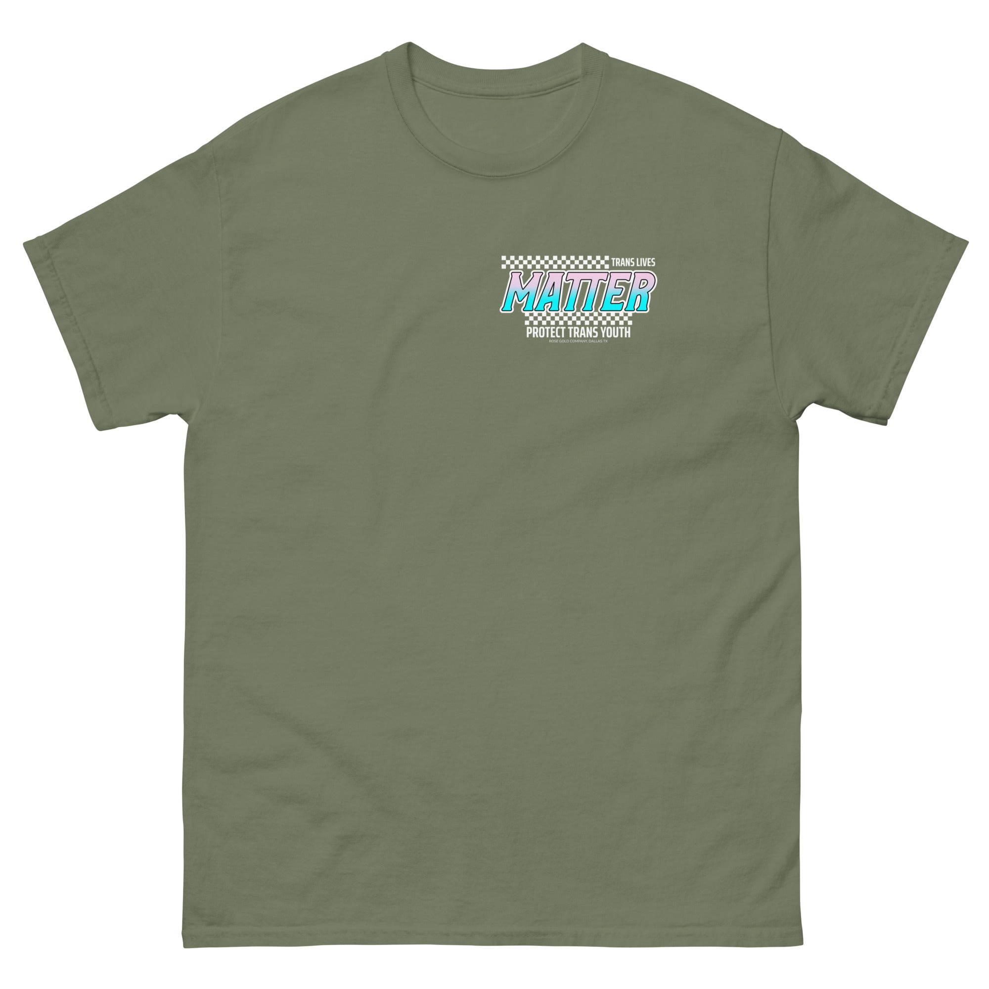 "Trans Lives Matter" racing style tee, view 10 — Rose Gold Co