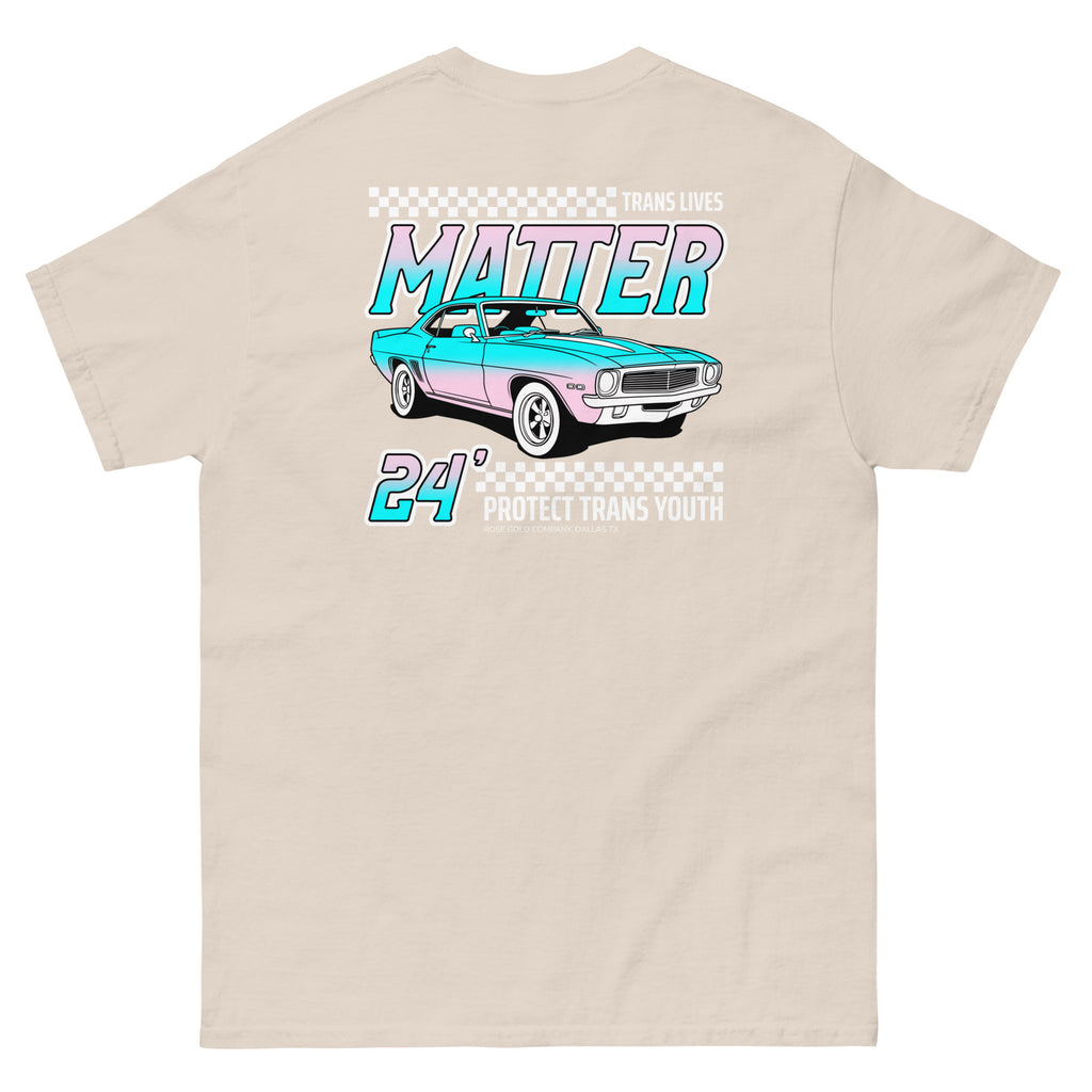 "Trans Lives Matter" racing style tee, view 13 — Rose Gold Co