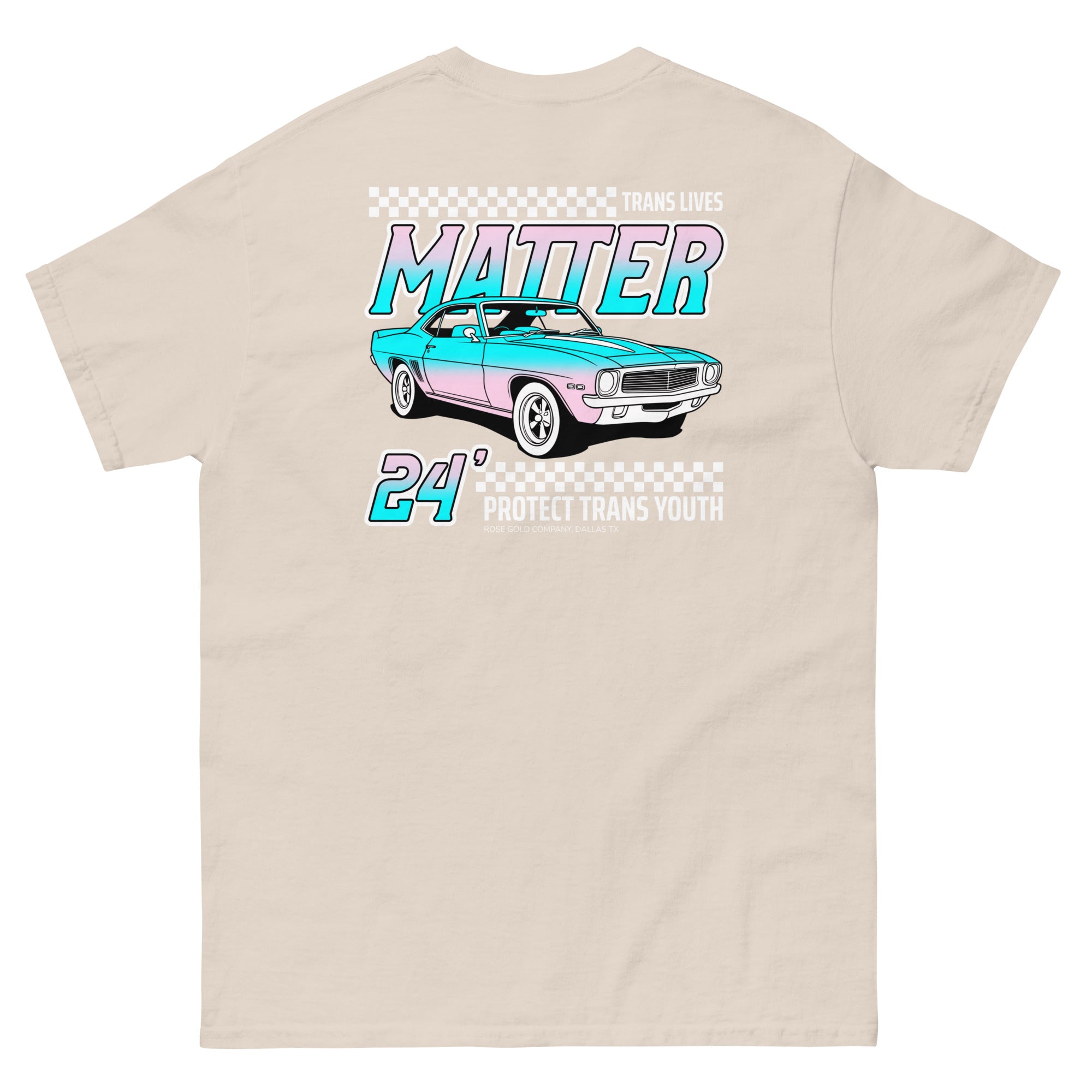 "Trans Lives Matter" racing style tee, view 13 — Rose Gold Co
