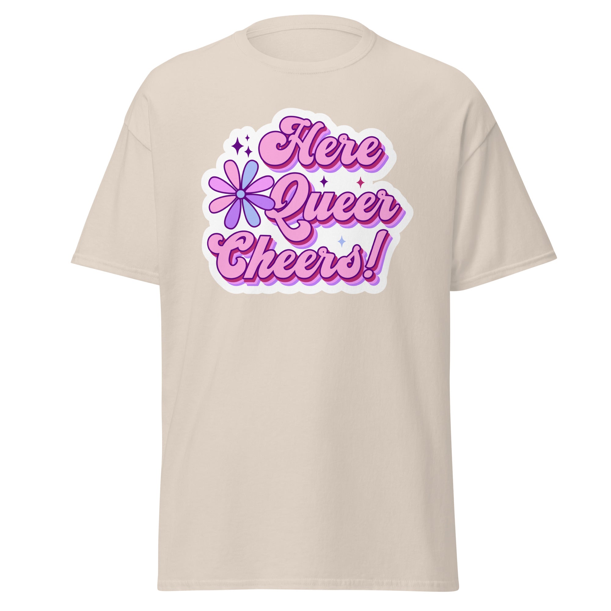 Here Queer Cheers tee, detail view — Rose Gold Co