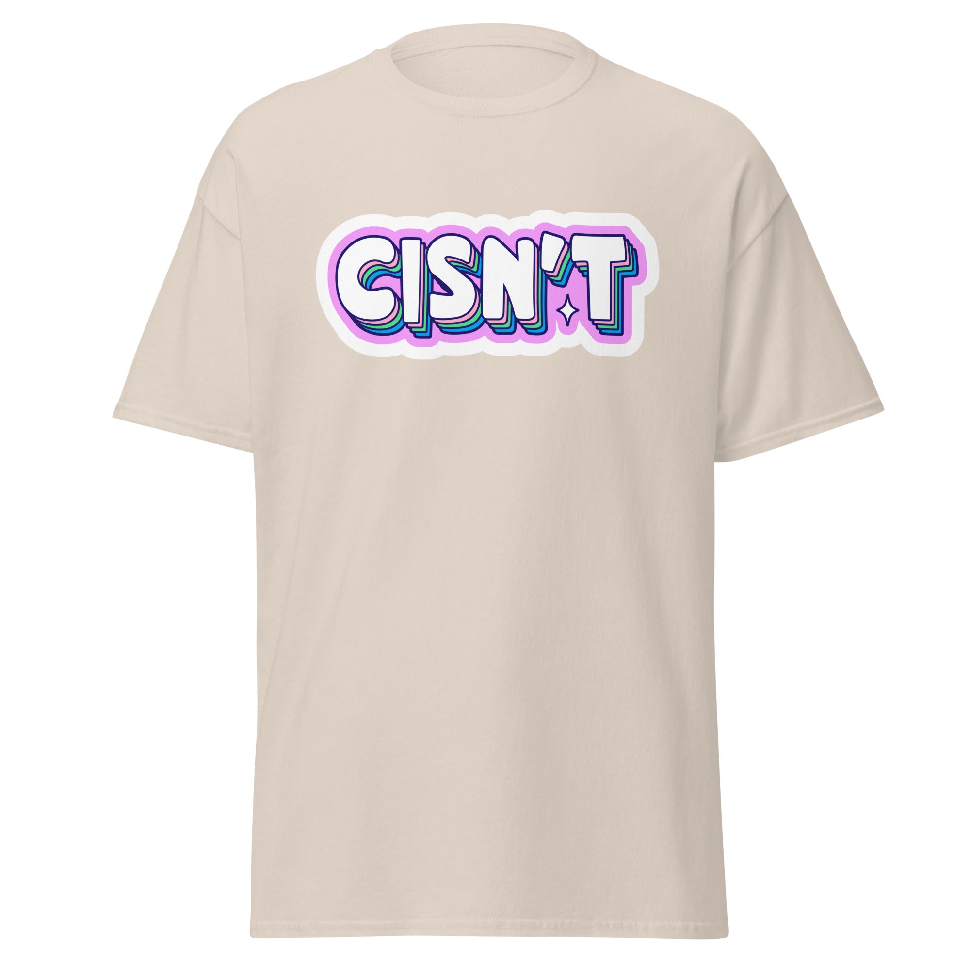 Cisn't trans pride tee, detail view — Rose Gold Co