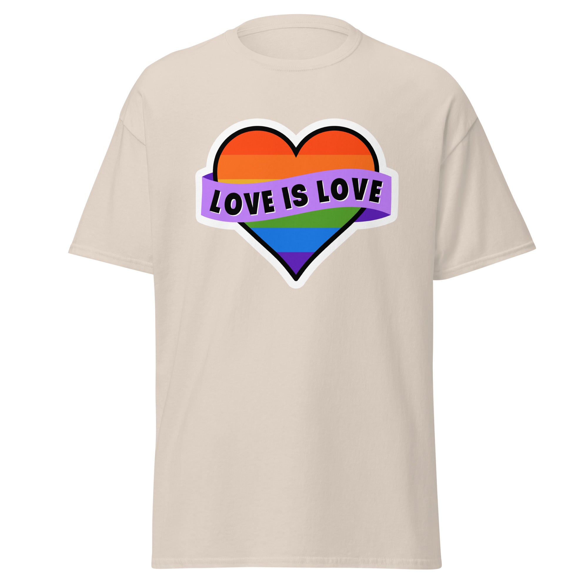 Love Is Love classic text tee, flat lay — Rose Gold Co