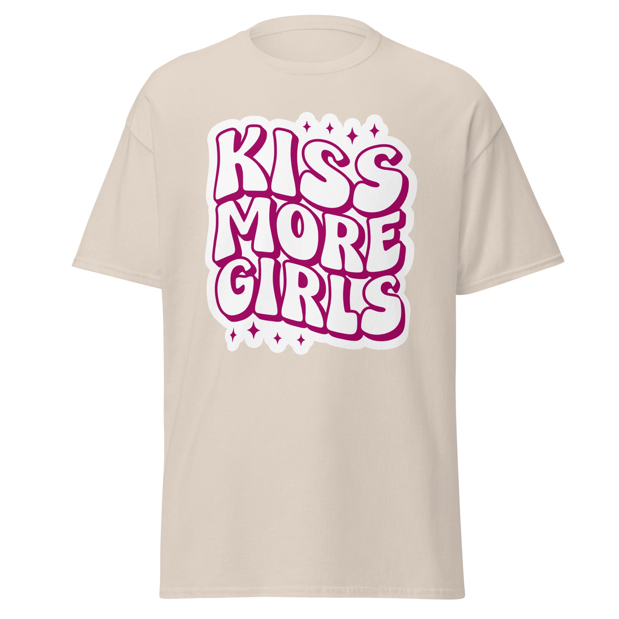 Kiss More Girls bold text tee, detail view — Rose Gold Co
