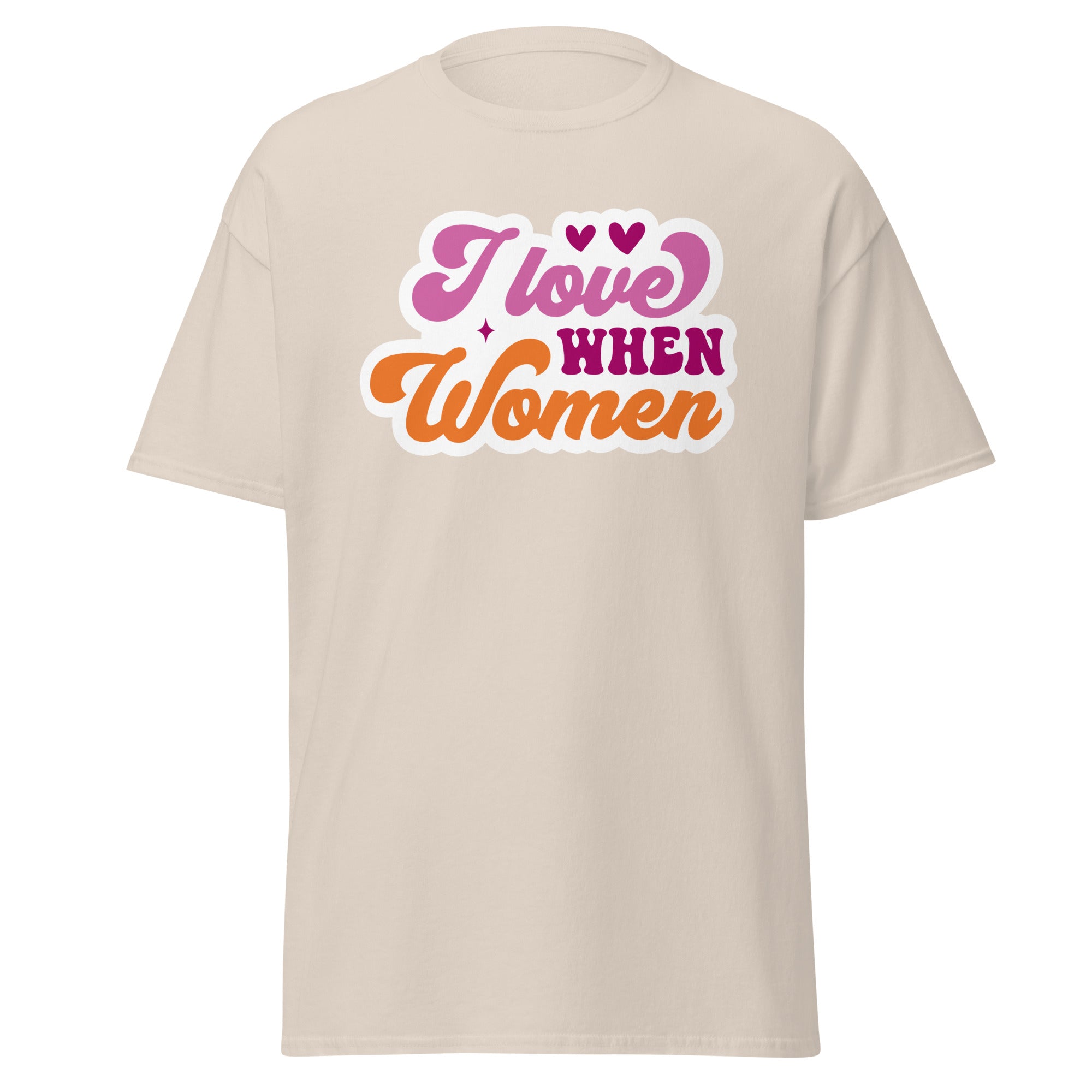 I Love When Women meme tee, detail view — Rose Gold Co