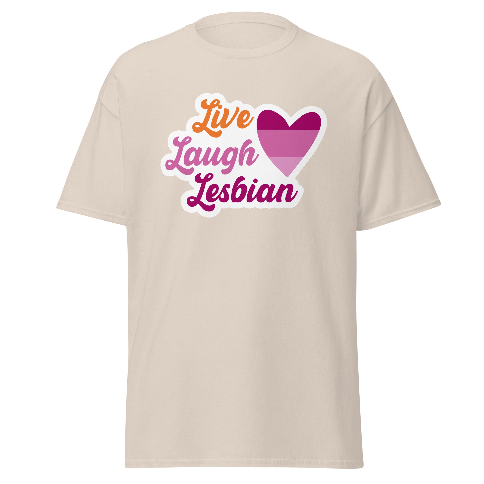 Live Laugh Lesbian tee, detail view — Rose Gold Co