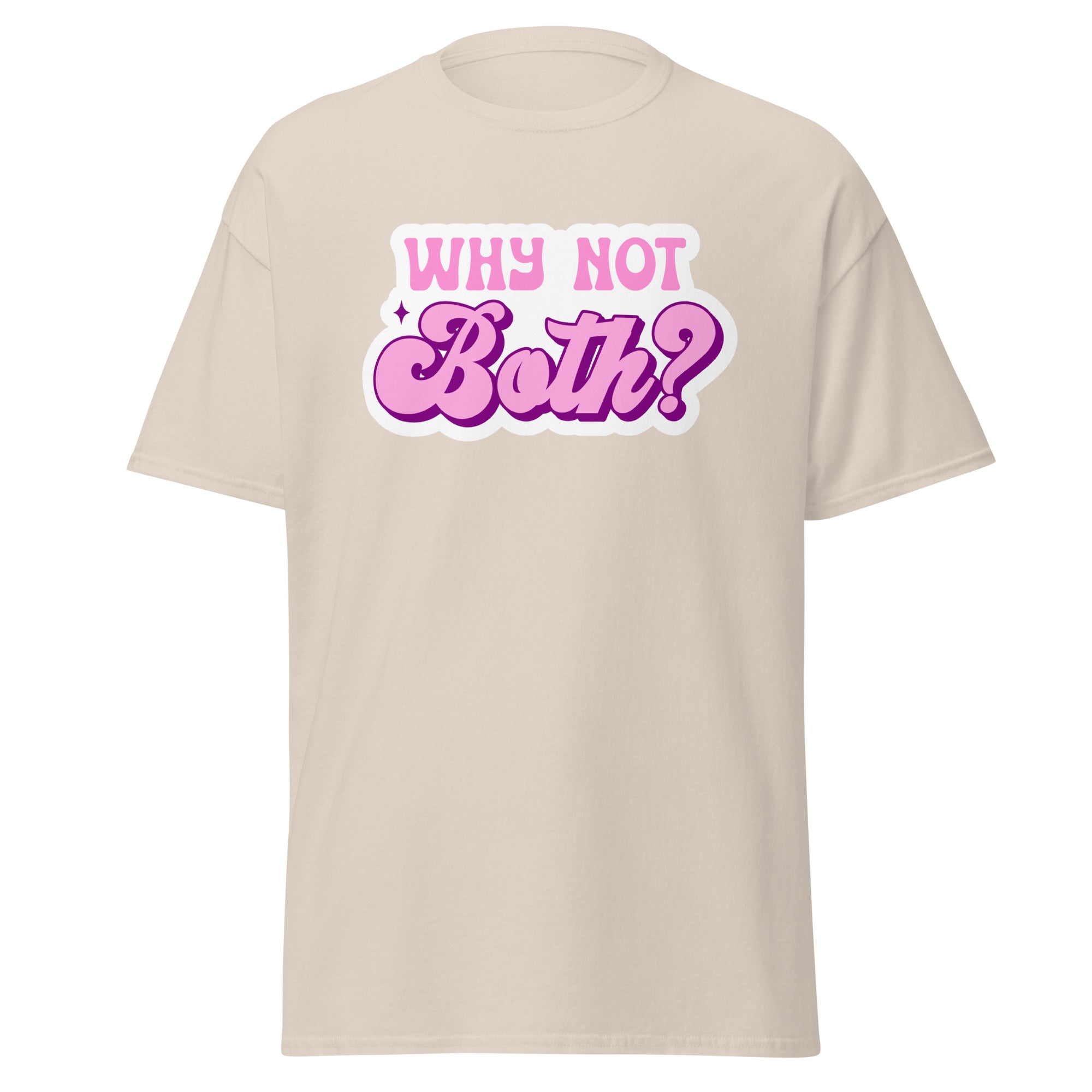 Why Not Both bi pride tee, detail view — Rose Gold Co