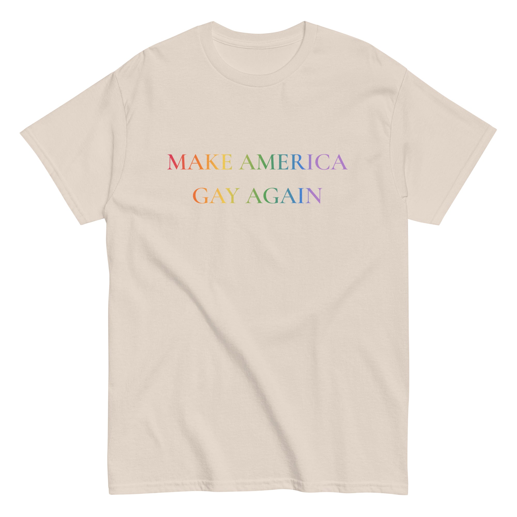 "Make America Gay Again" rainbow slogan tee, view 7 — Rose Gold Co
