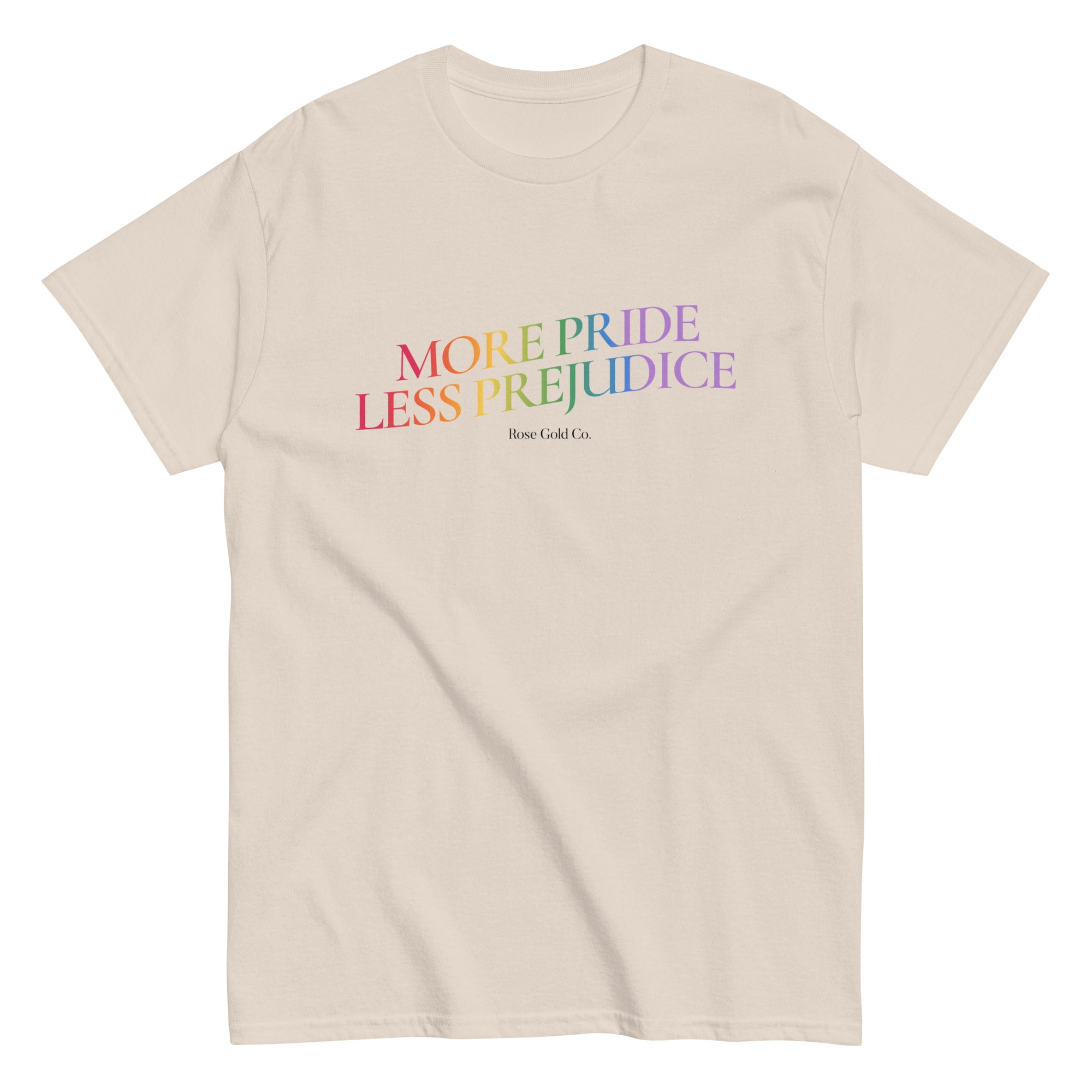 "More Pride, Less Prejudice" rainbow pride tee, view 5 — Rose Gold Co