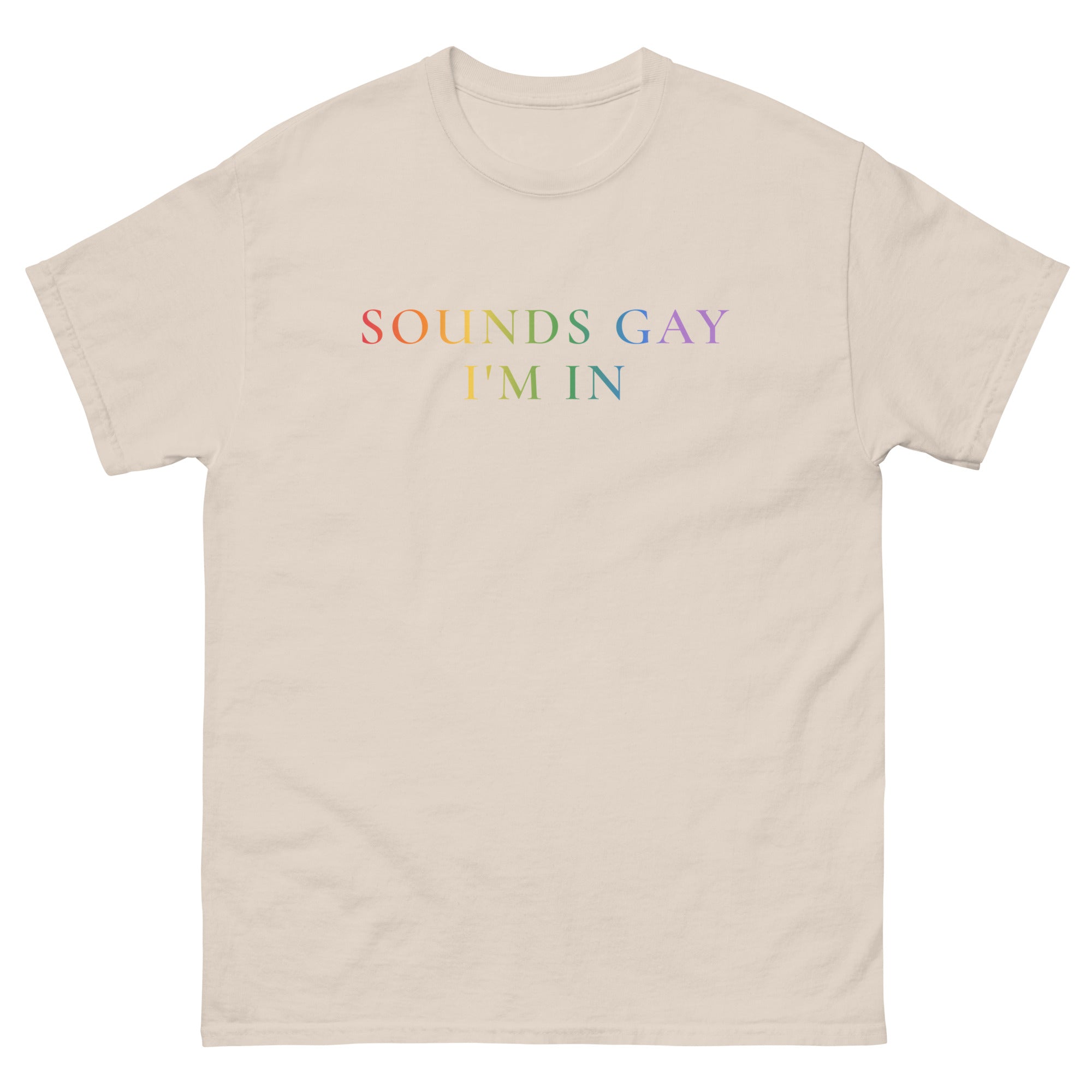 "Sounds Gay, I'm In" rainbow font tee, view 3 — Rose Gold Co