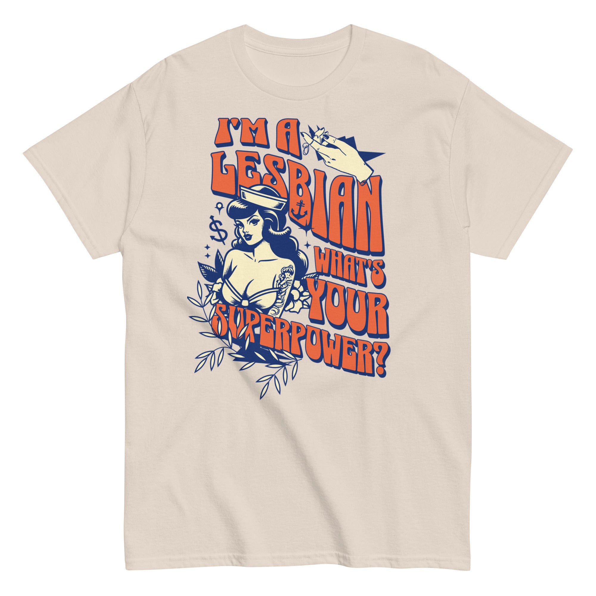 "Lesbian Superpower" retro rainbow tee, view 4 — Rose Gold Co
