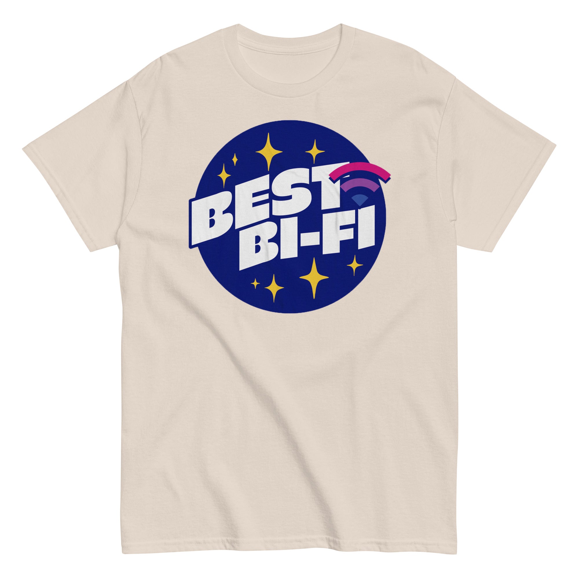 "Best Bi-Fi" bisexual pride pun tee, view 6 — Rose Gold Co