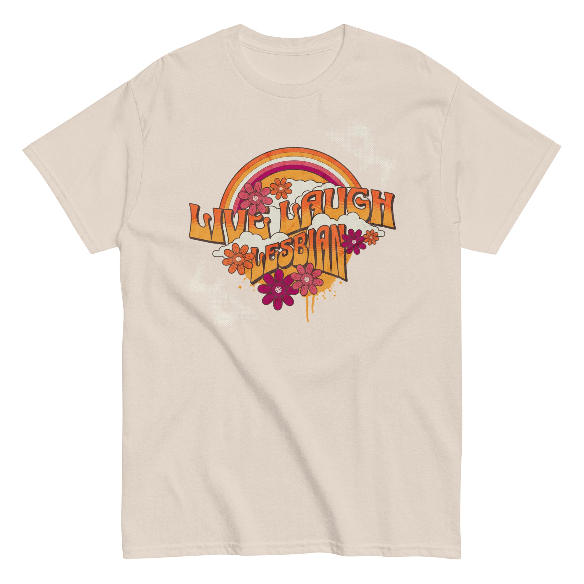 "Live, Laugh, Lesbian" retro rainbow tee, view 6 — Rose Gold Co
