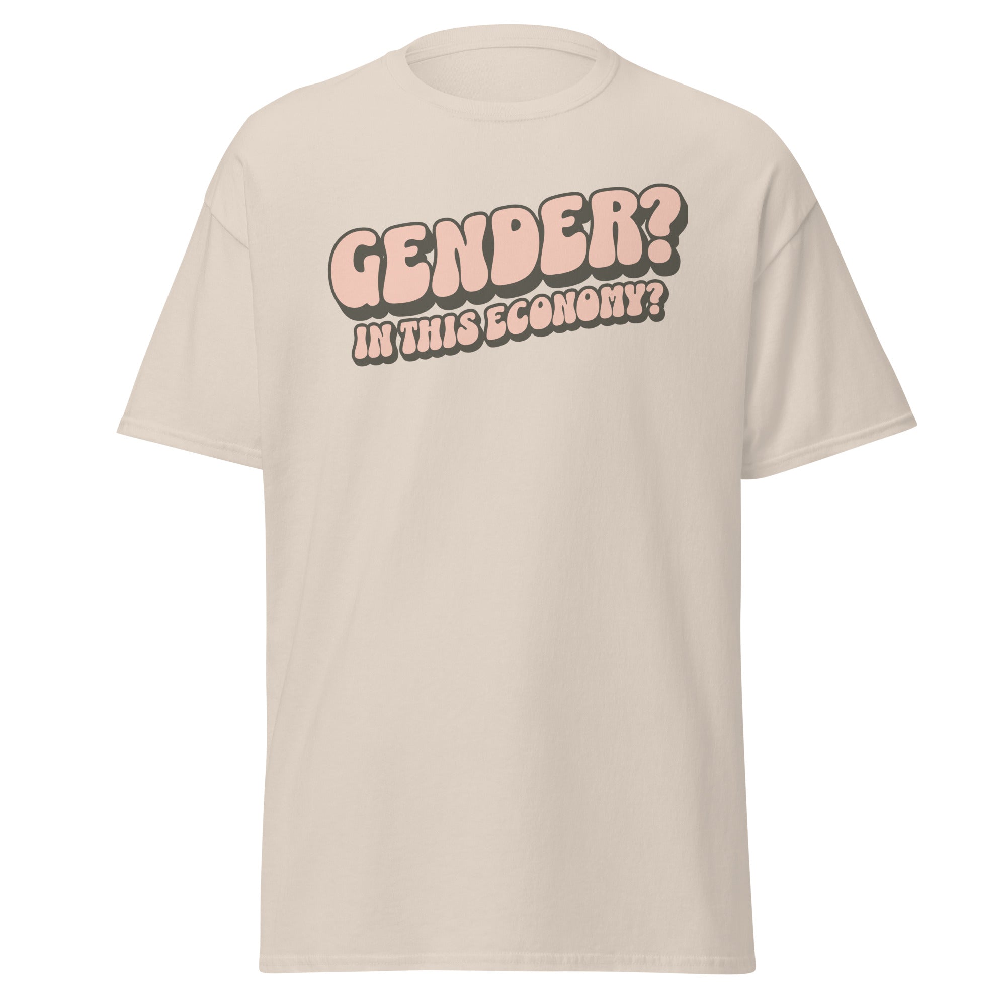 "Gender? In This Economy?" nonbinary humor tee, view 5 — Rose Gold Co